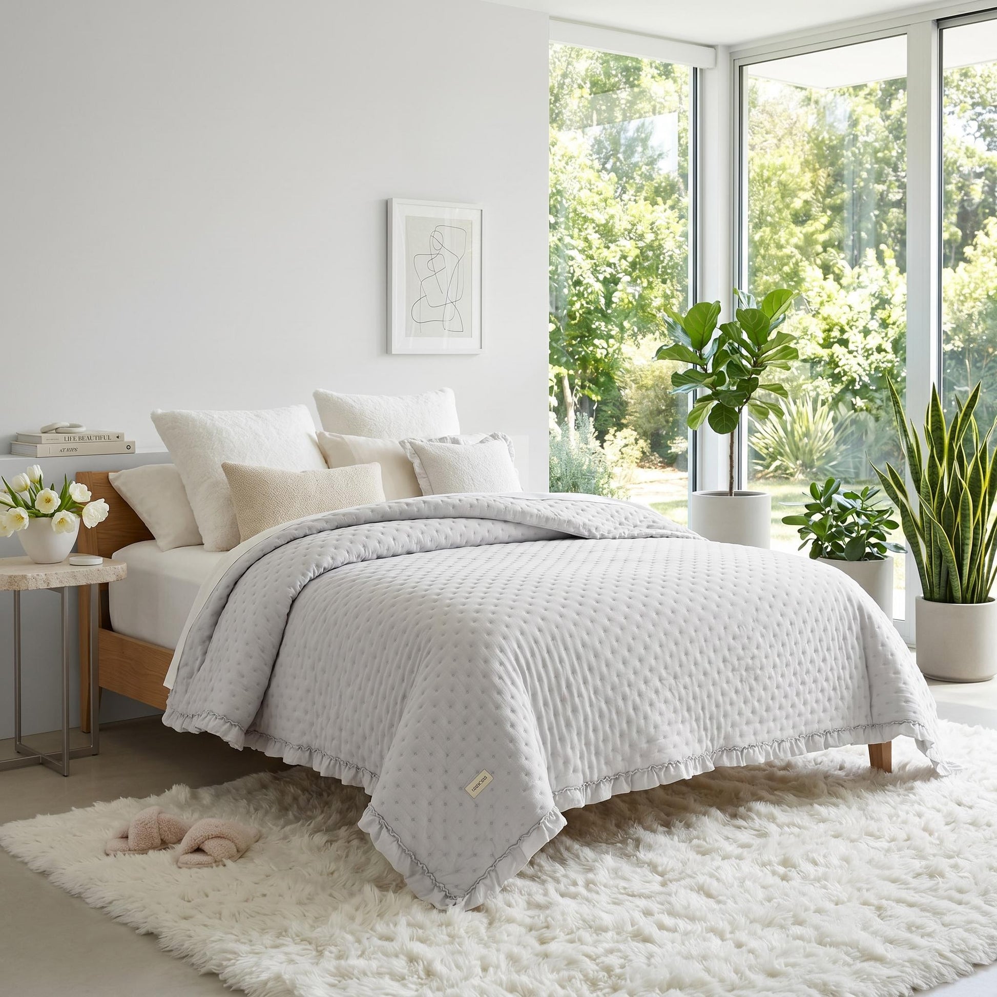 Light gray ruffle mattress cover quilt with scalloped edge on a bed with white pillows and a fluffy rug.