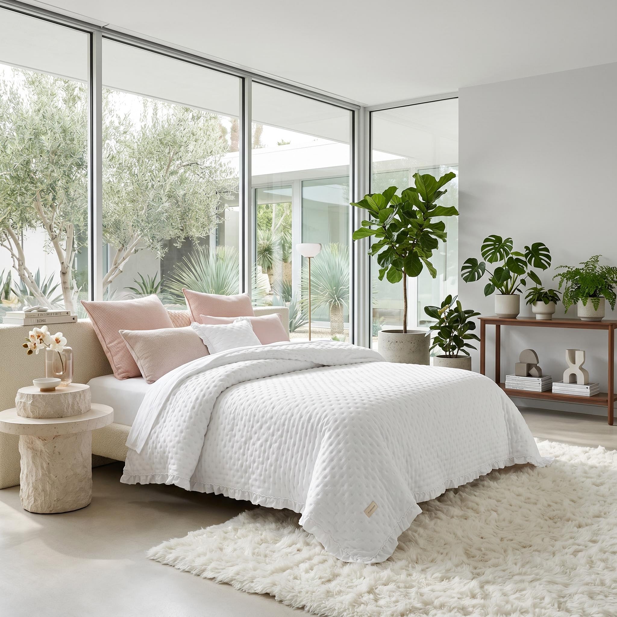 White ruffle mattress cover quilt with scalloped edge on a bed with pink pillows in a bright bedroom.