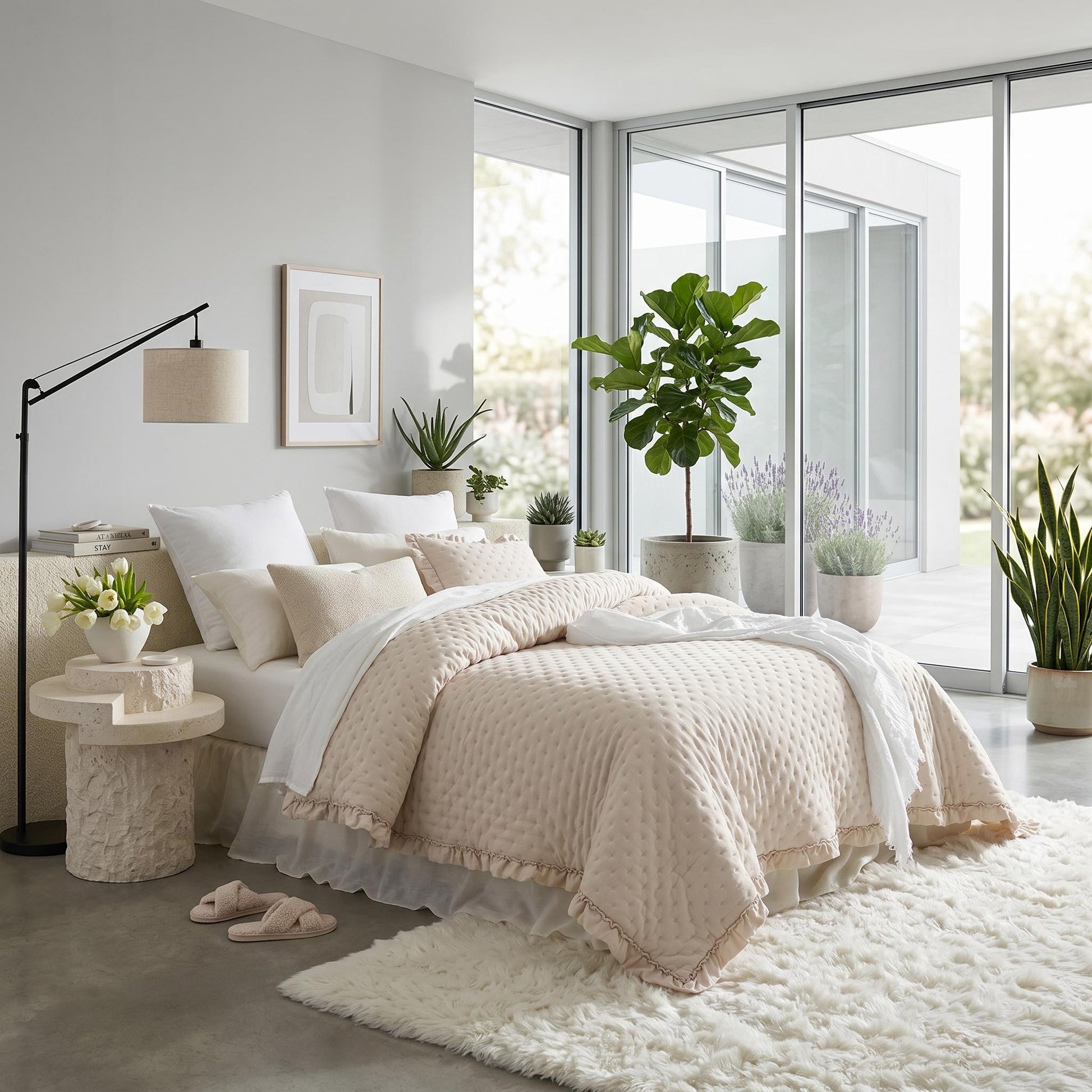 Light pink ruffle mattress cover quilt with scalloped edge on a bed in a modern bedroom.