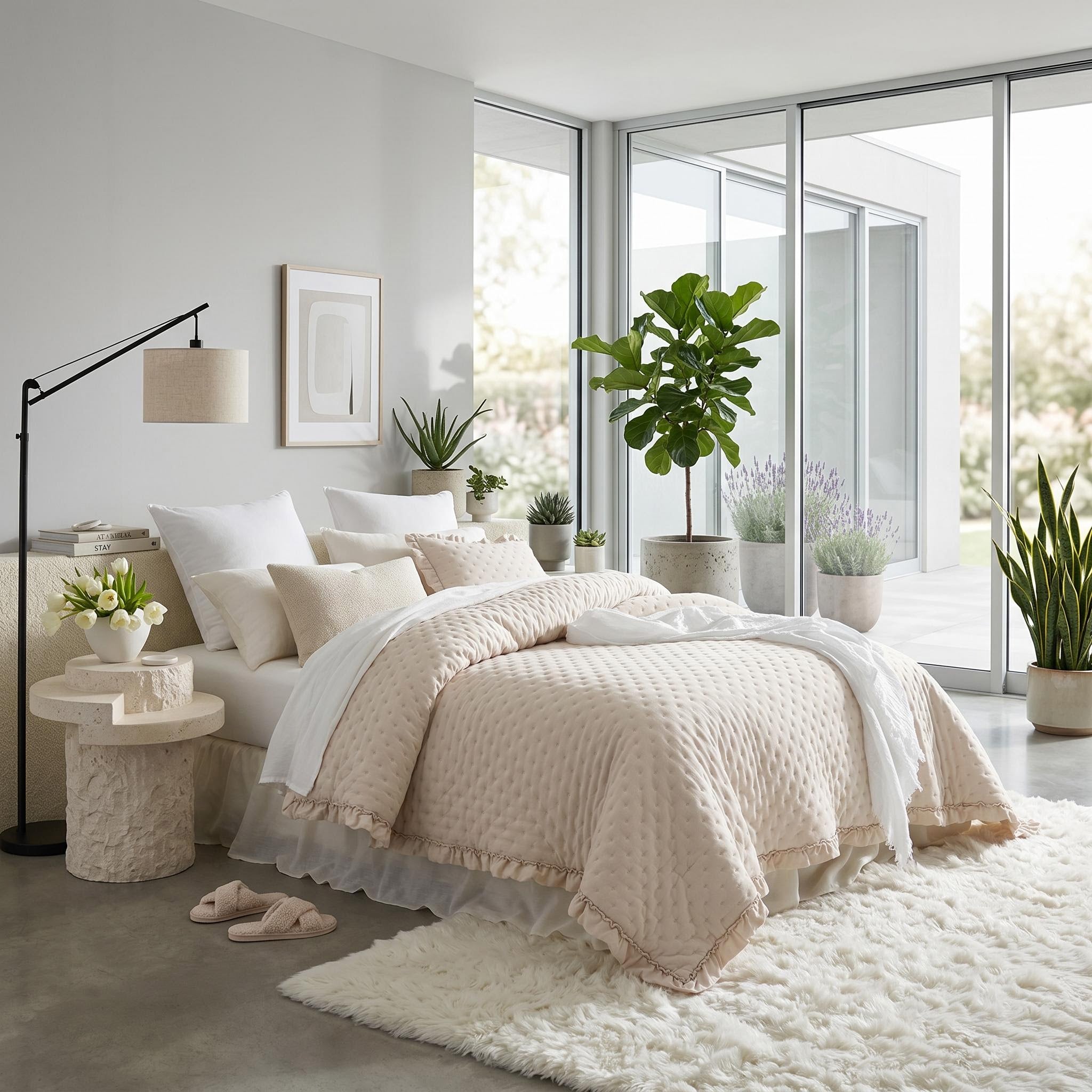 Light pink ruffle mattress cover quilt with scalloped edge on a bed in a modern bedroom.