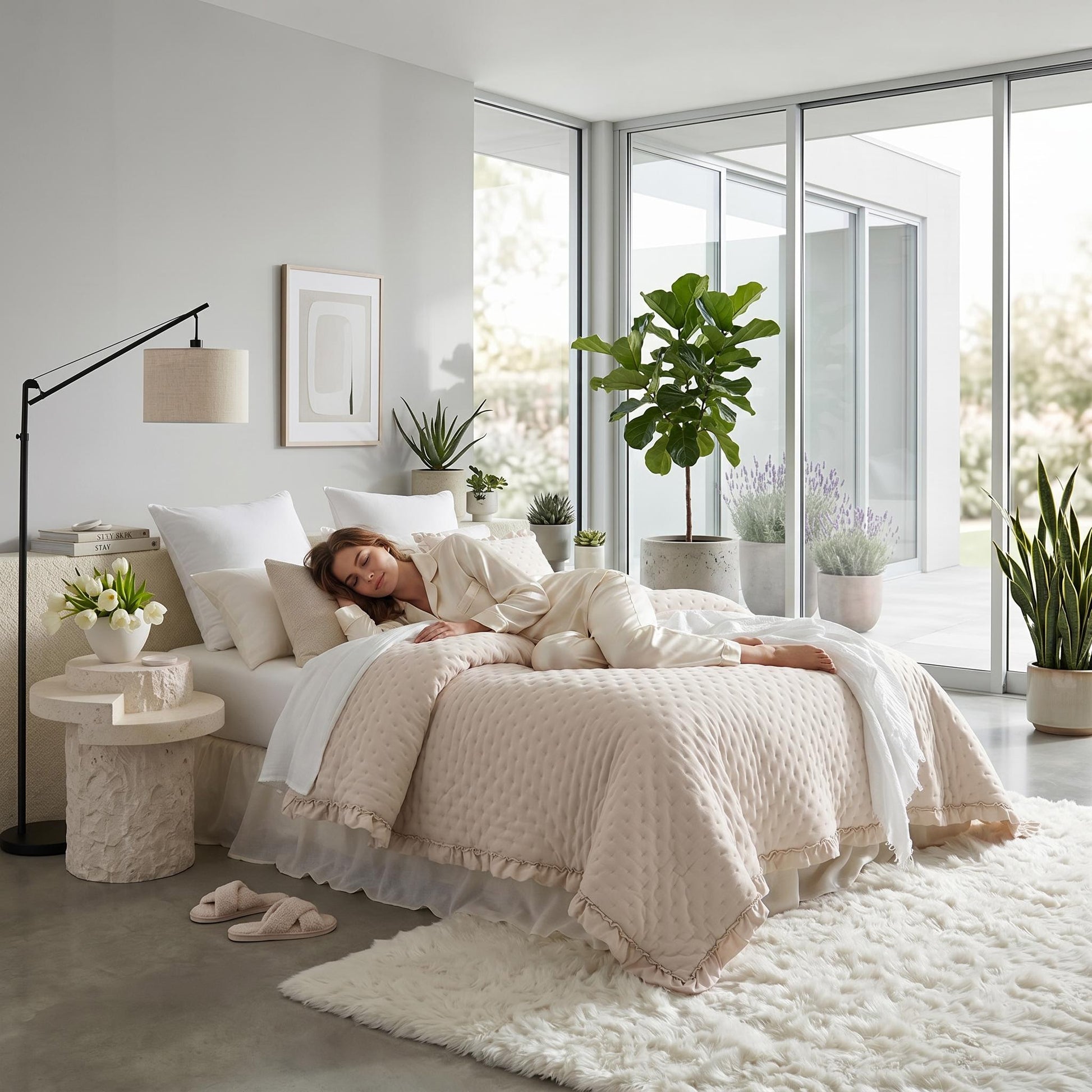 Light pink ruffle mattress cover quilt with scalloped edge on a bed with a woman sleeping.