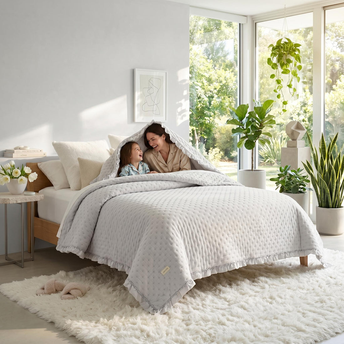 Light grey ruffle mattress cover quilt with scalloped edge, on a bed with a woman and child.