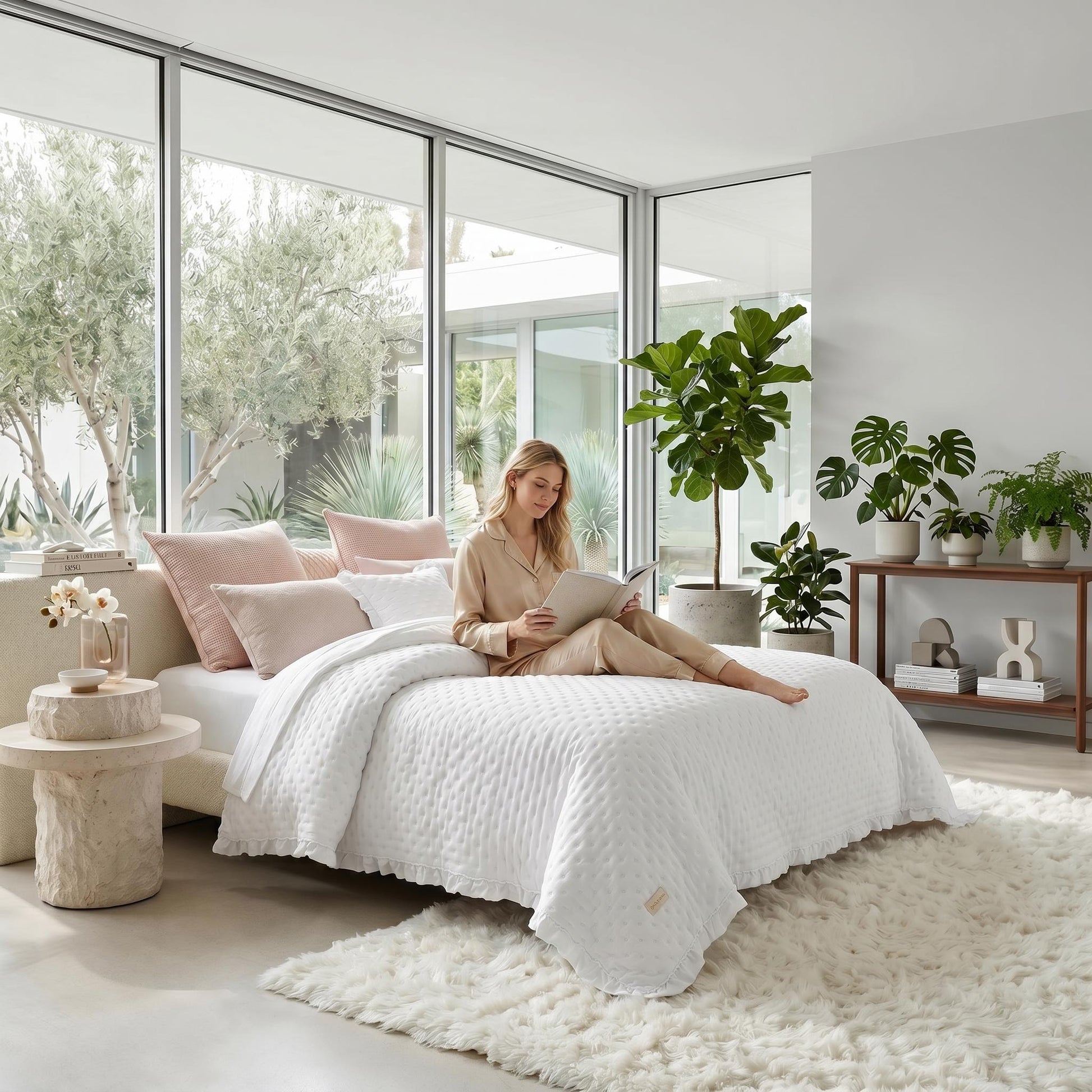 White ruffle mattress cover quilt with scalloped edge on a bed with pink pillows and a woman reading.