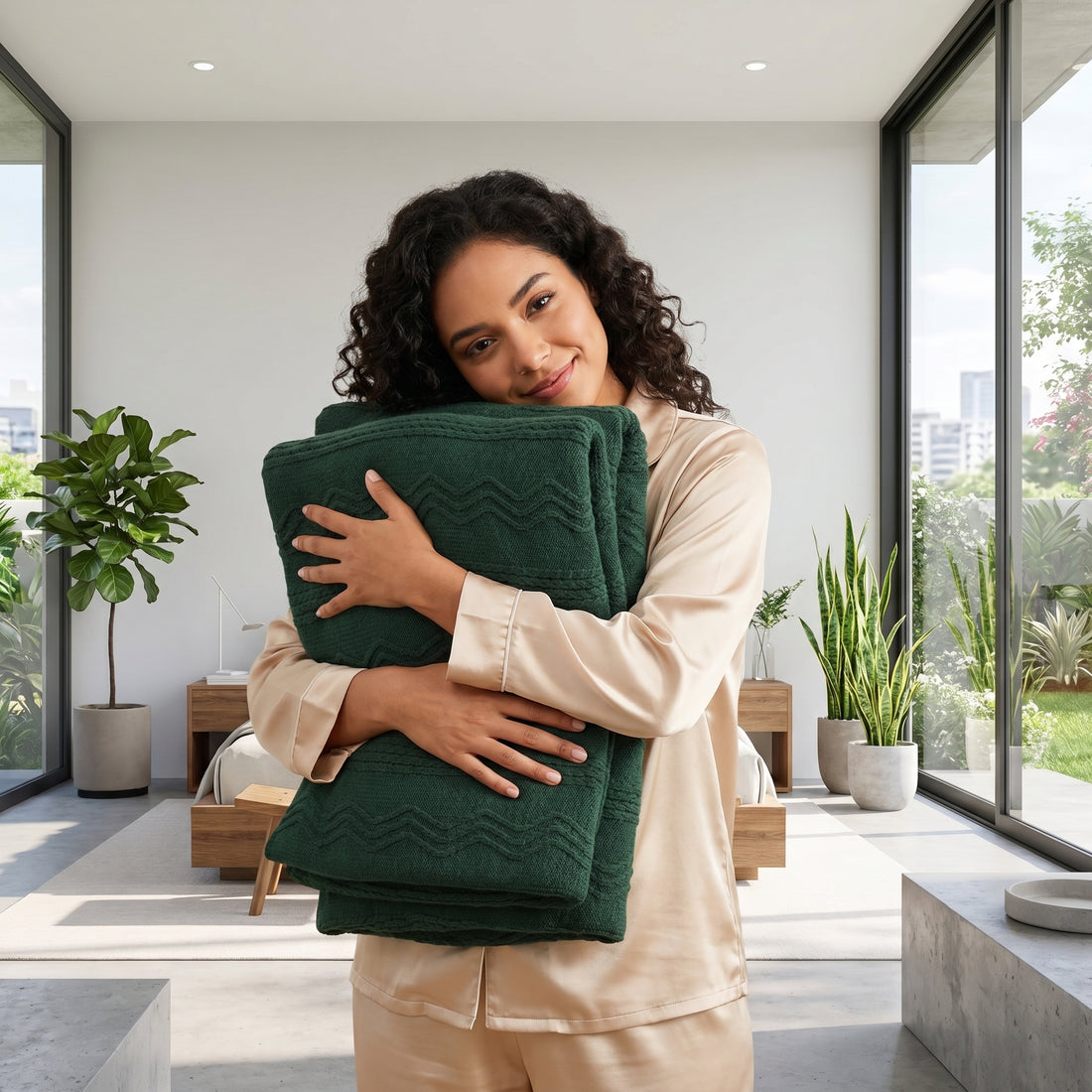 Woman relaxing in a chair, covered by a sage green knitted throw blanket with a plaid pattern.
