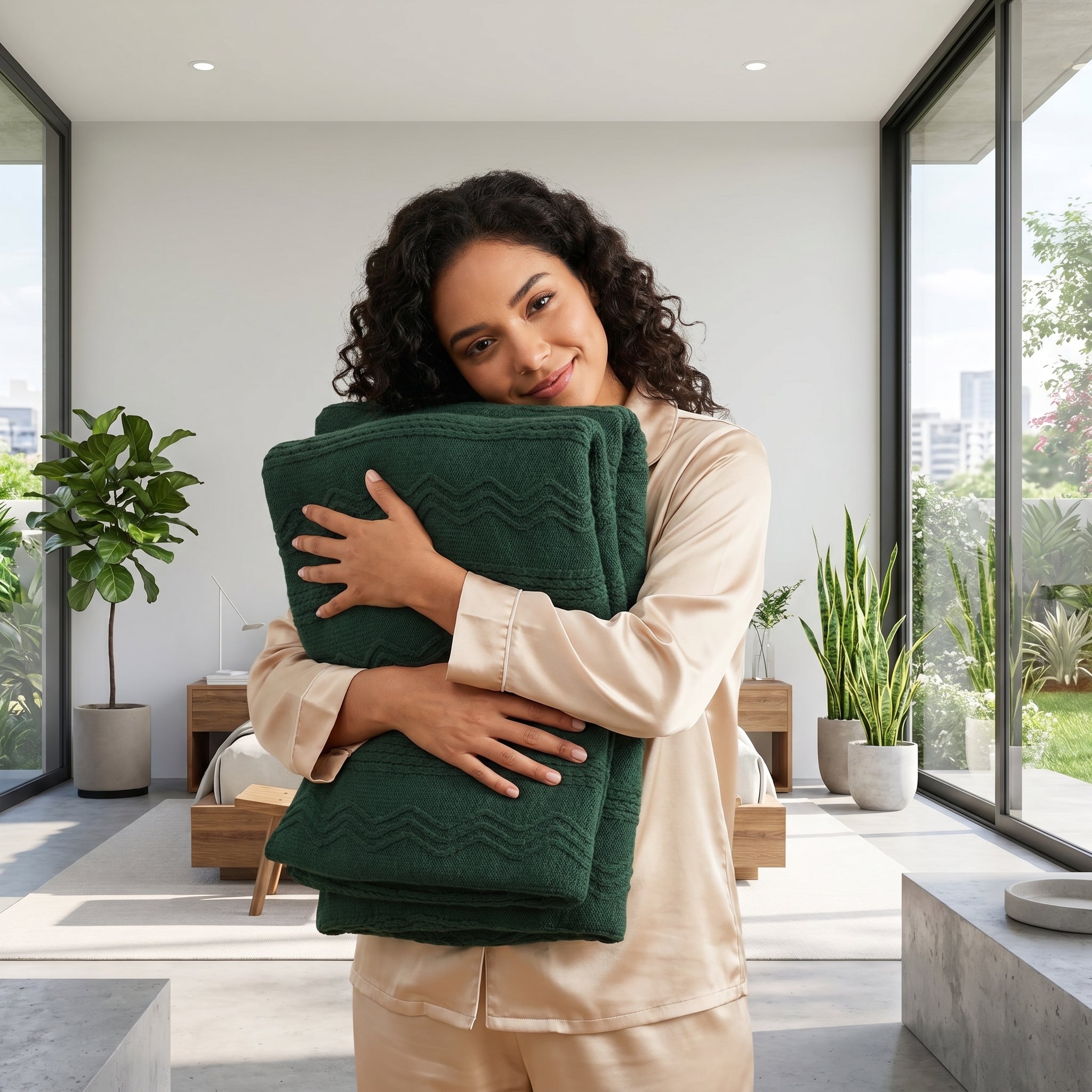Woman in pajamas hugging a folded dark green knitted throw blanket with a subtle pattern in a modern bedroom.