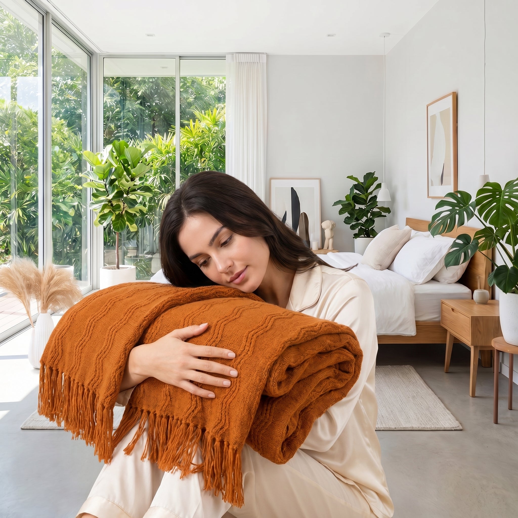 Woman in pajamas holding a folded, rust-orange knitted throw blanket with fringe in a bright bedroom.