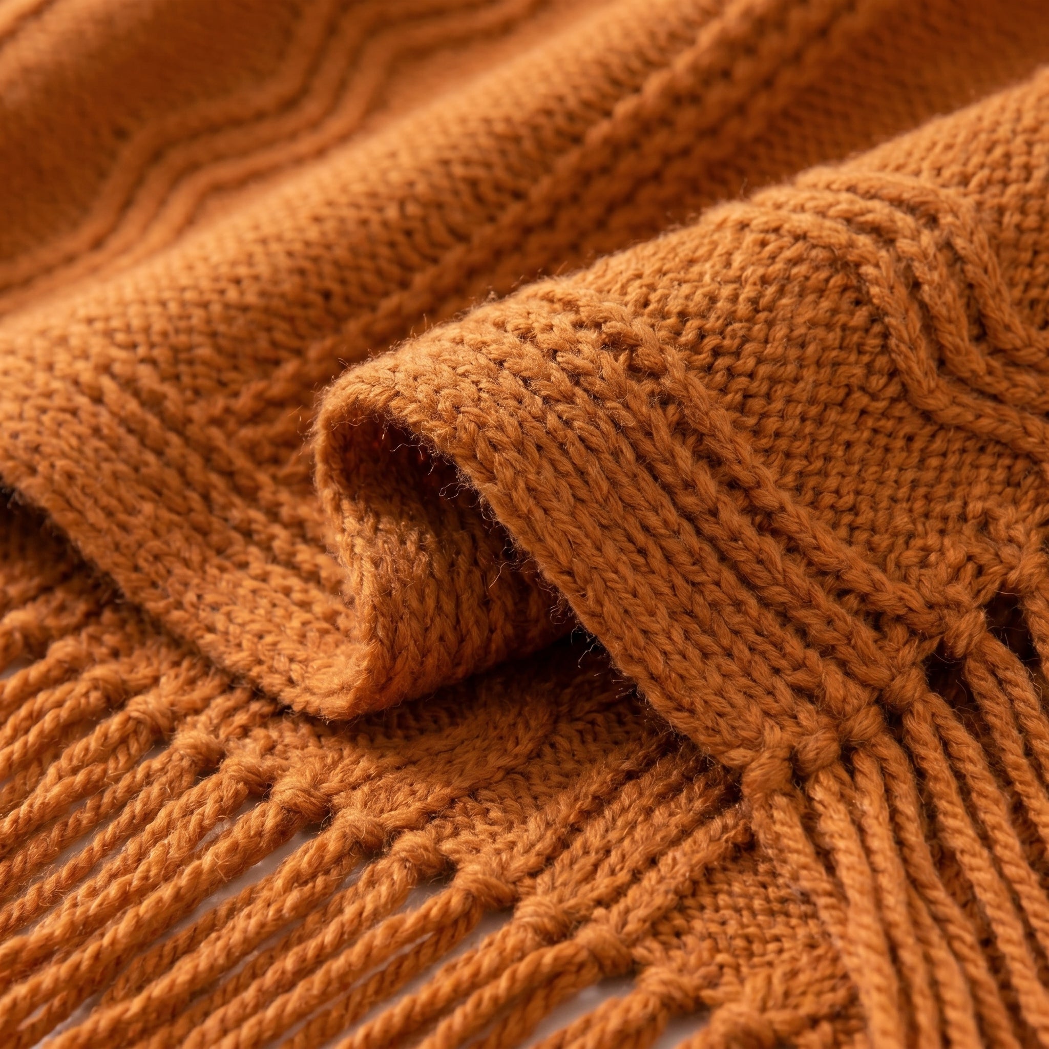 Close-up of a folded, textured orange knitted throw blanket with fringe.