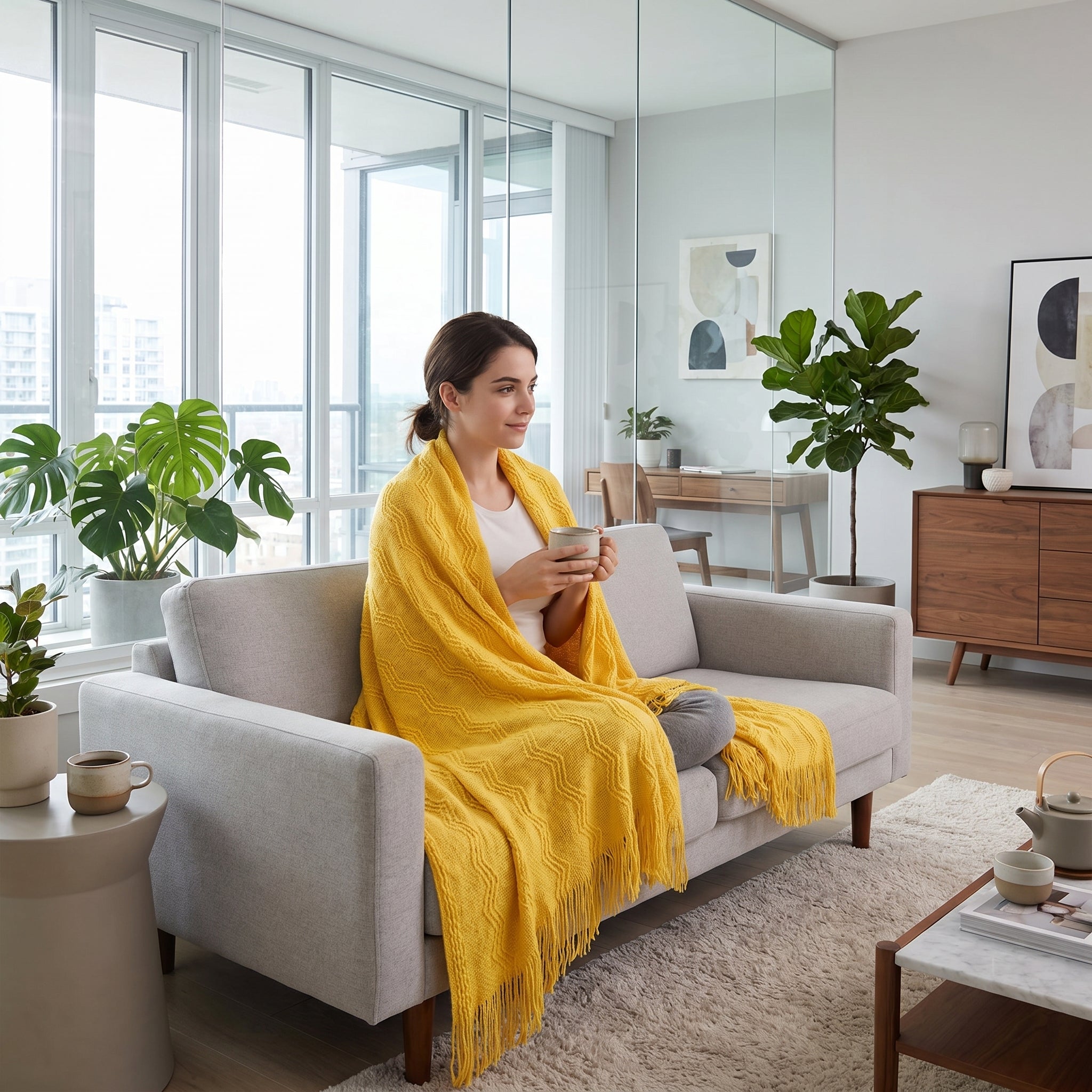 Woman wrapped in a bright yellow knitted throw blanket on a light gray sofa in a modern living room.