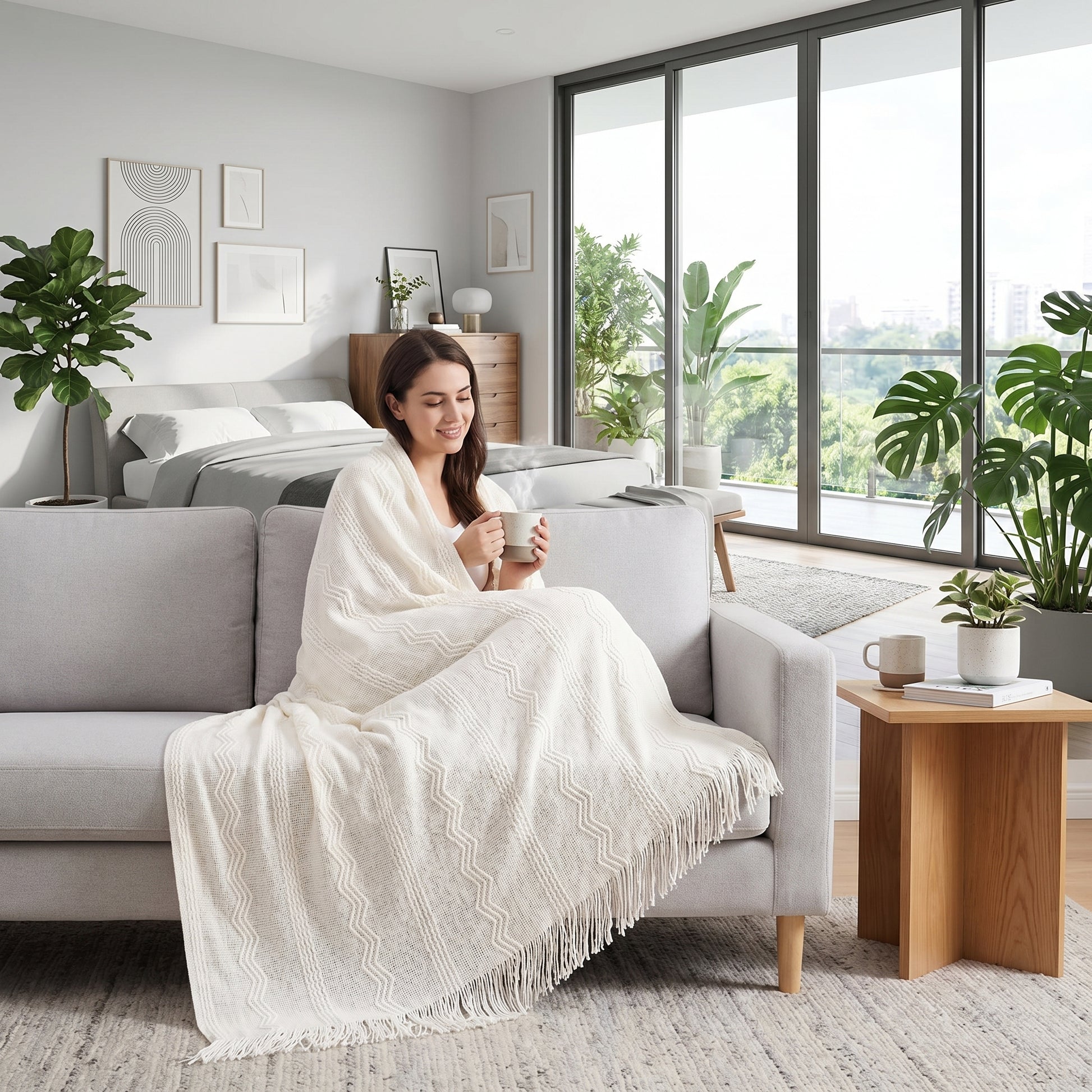 Woman on a couch wrapped in a cream knitted throw blanket with fringe, holding a mug in a modern living space.