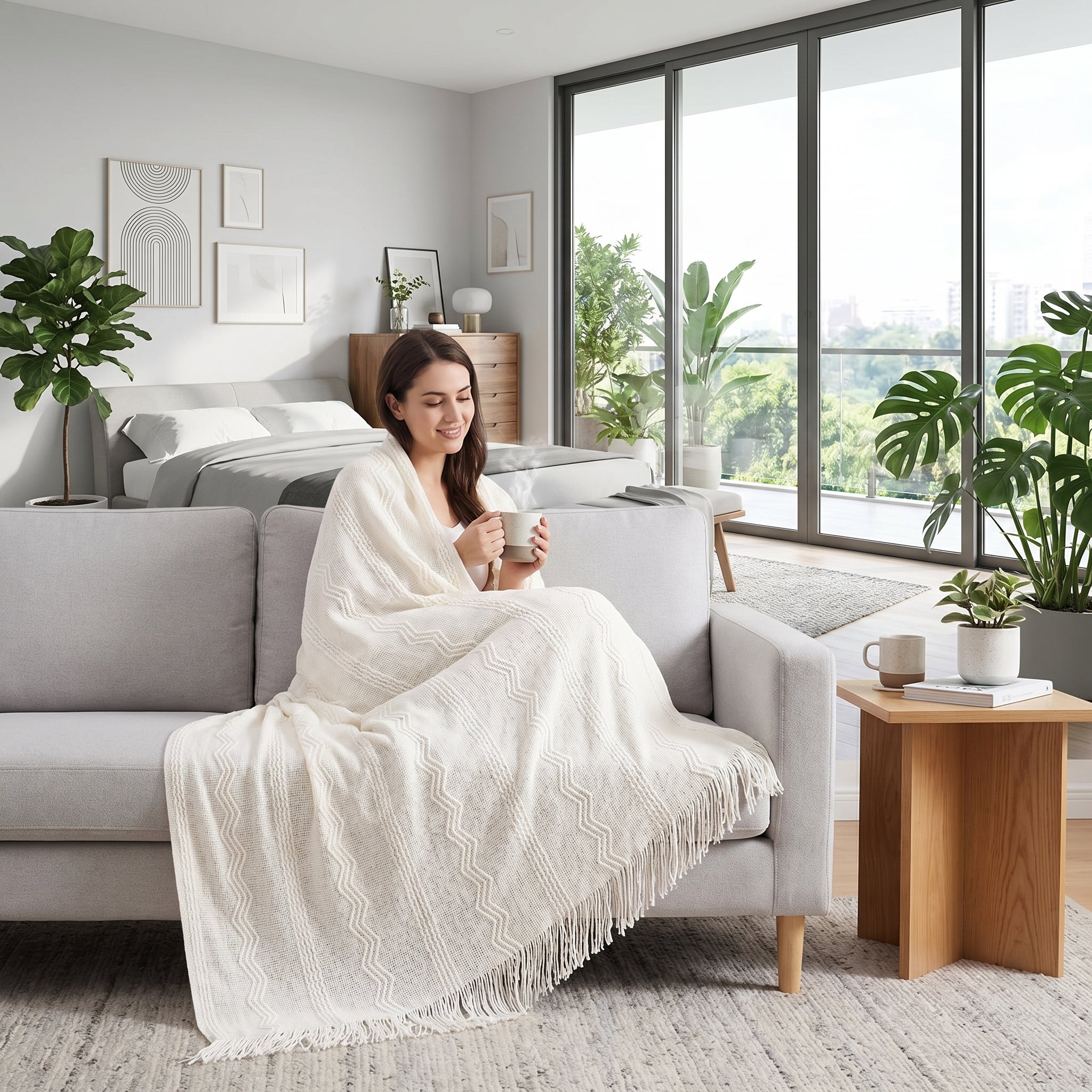 Woman on a couch wrapped in a cream knitted throw blanket with fringe, holding a mug in a modern living space.