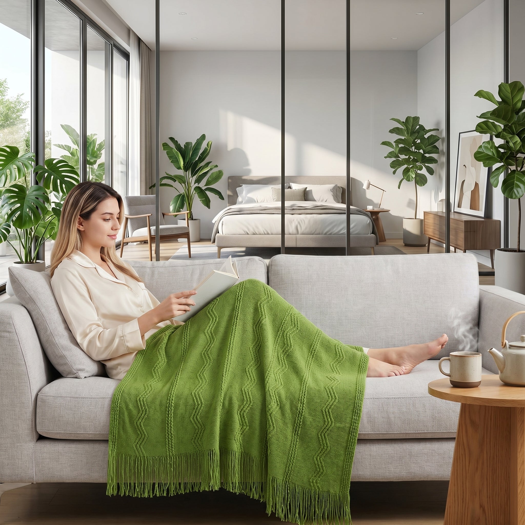 Woman relaxing on a light gray couch, covered by a sage green knitted throw blanket with fringe, reading a book.