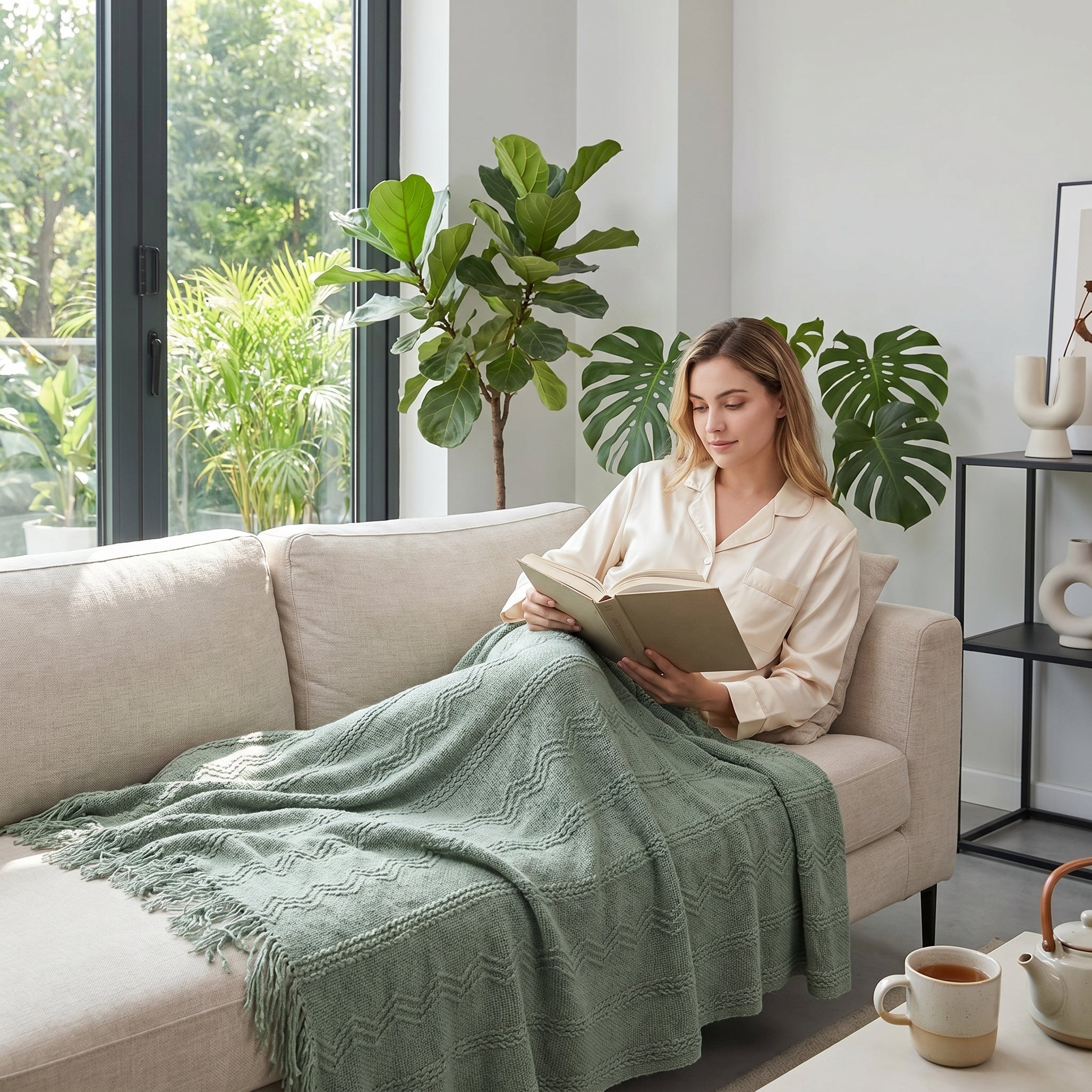 Woman relaxing on a beige couch, covered by a sage green knitted throw blanket with fringe, reading a book.