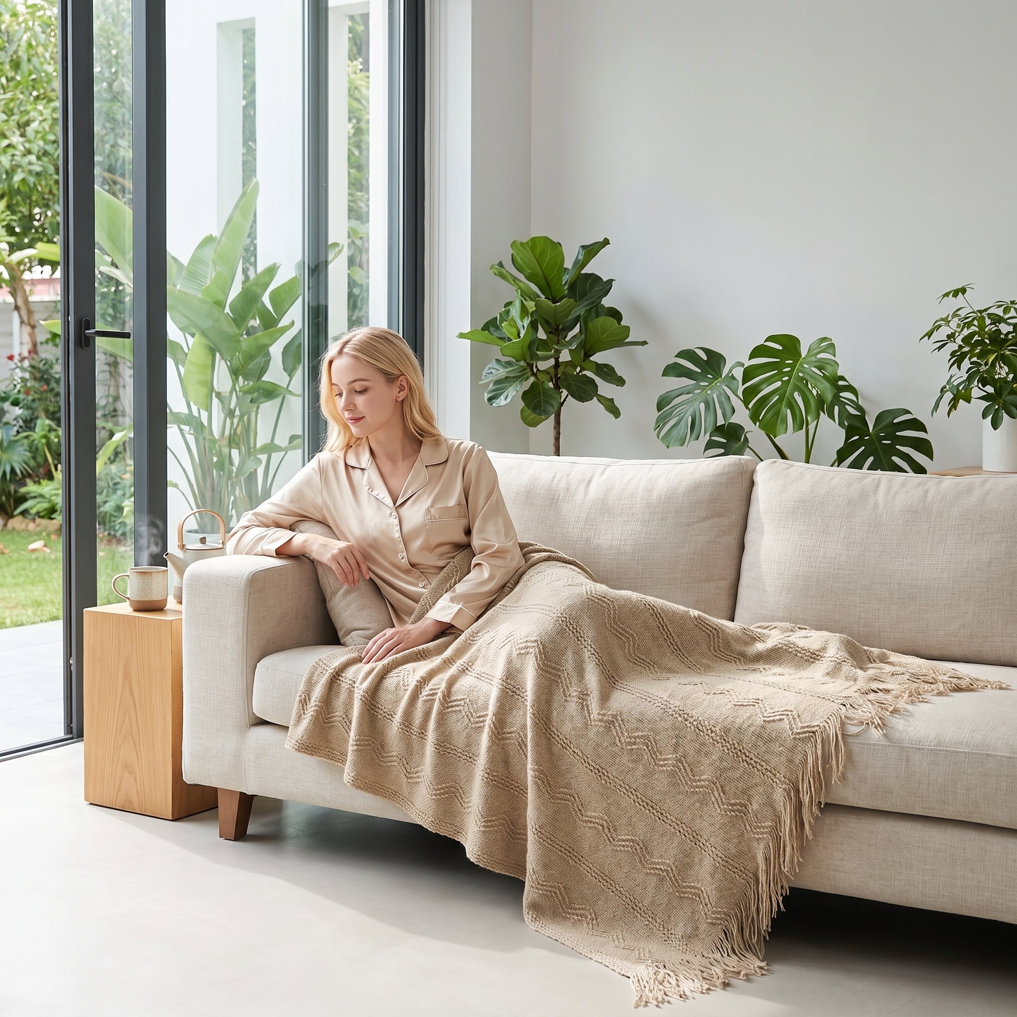 Woman relaxing on a couch with a beige knitted throw blanket featuring a plaid pattern and fringe.