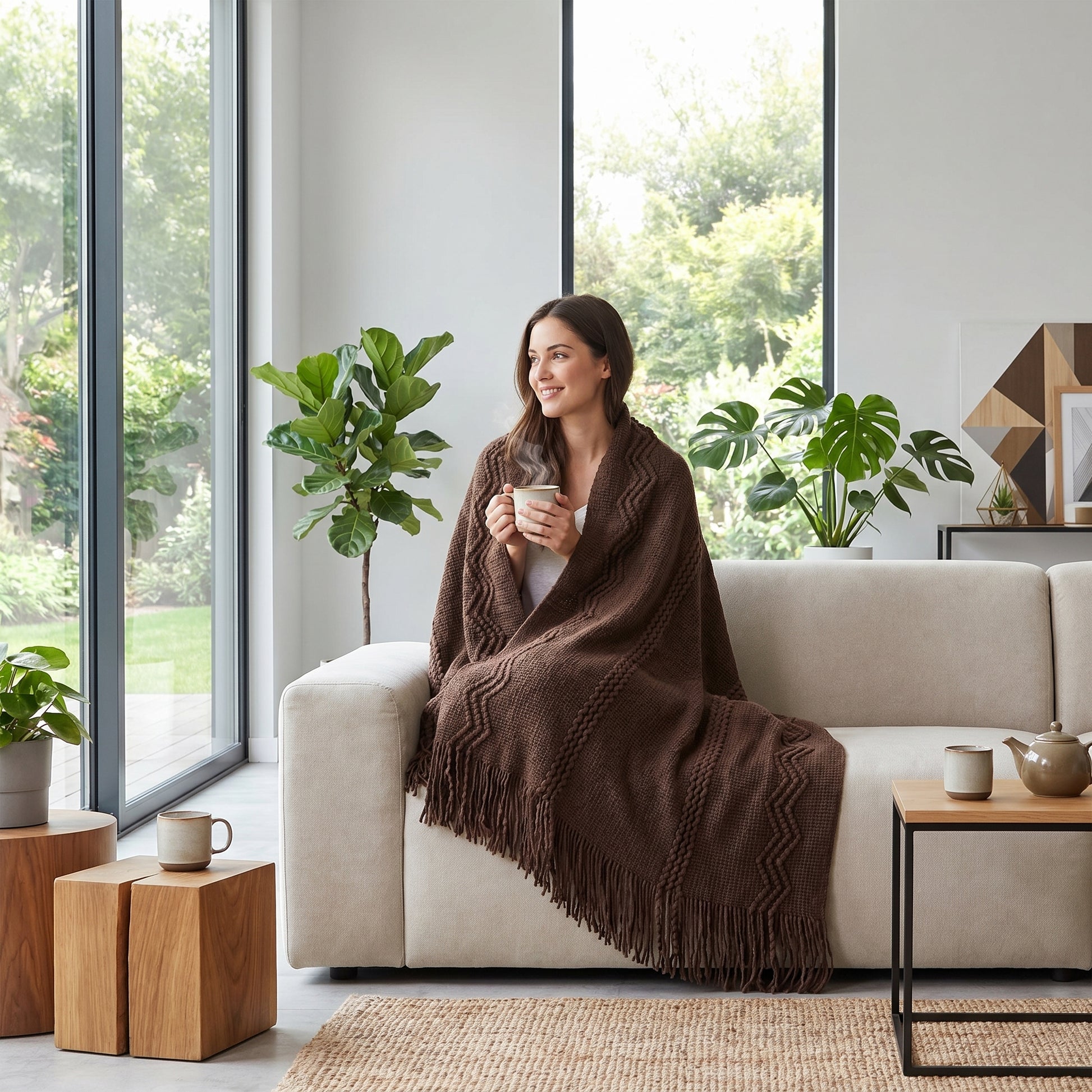Woman on a couch wrapped in a brown knitted throw blanket with fringe, holding a mug.