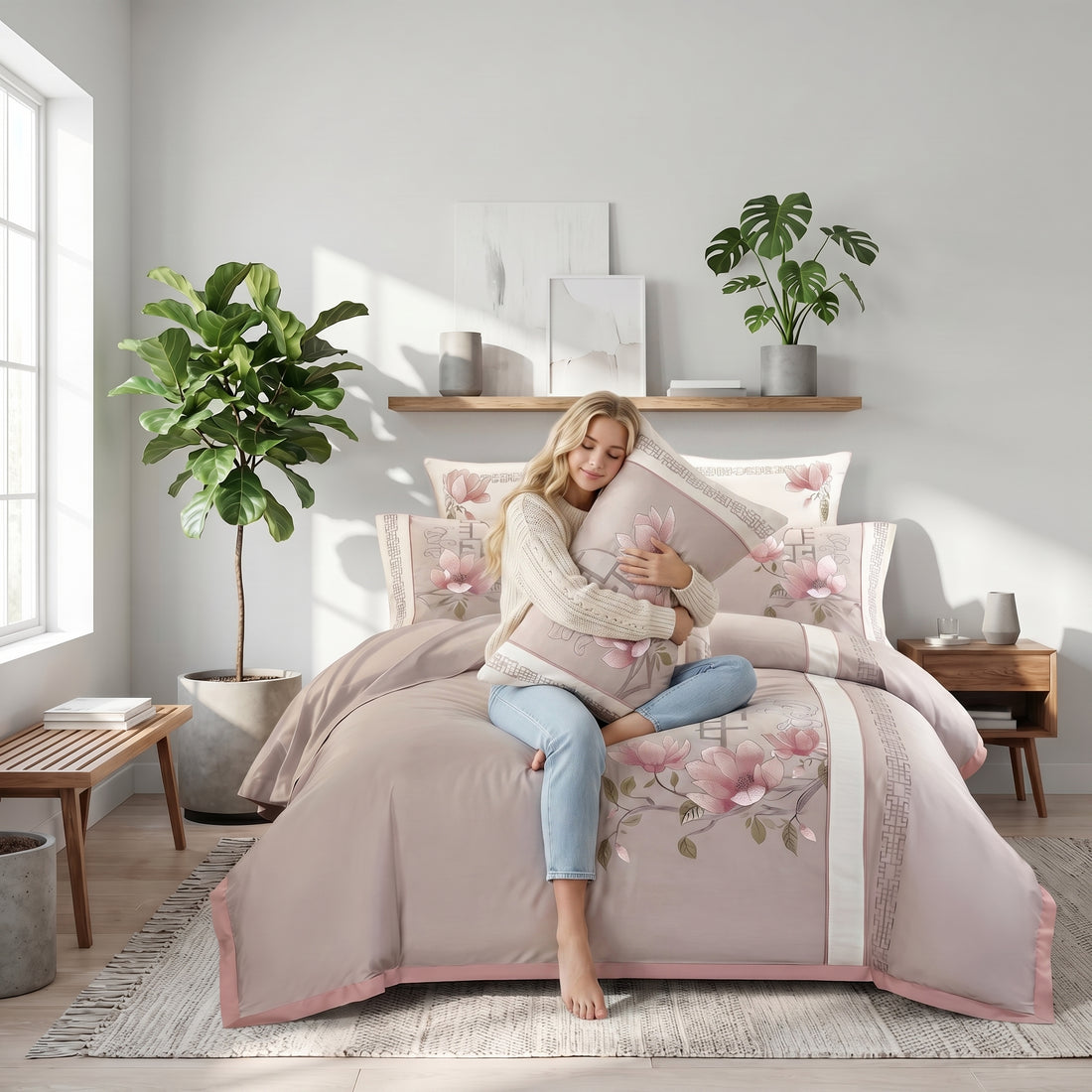 Soft pink cotton duvet cover set featuring elegant floral embroidery and a modern toile pattern on a bed in a bright room.
