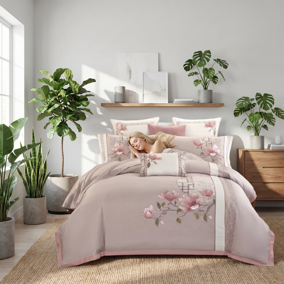 Soft pink cotton duvet cover set featuring elegant floral embroidery and a modern toile pattern on a bed in a bright room.