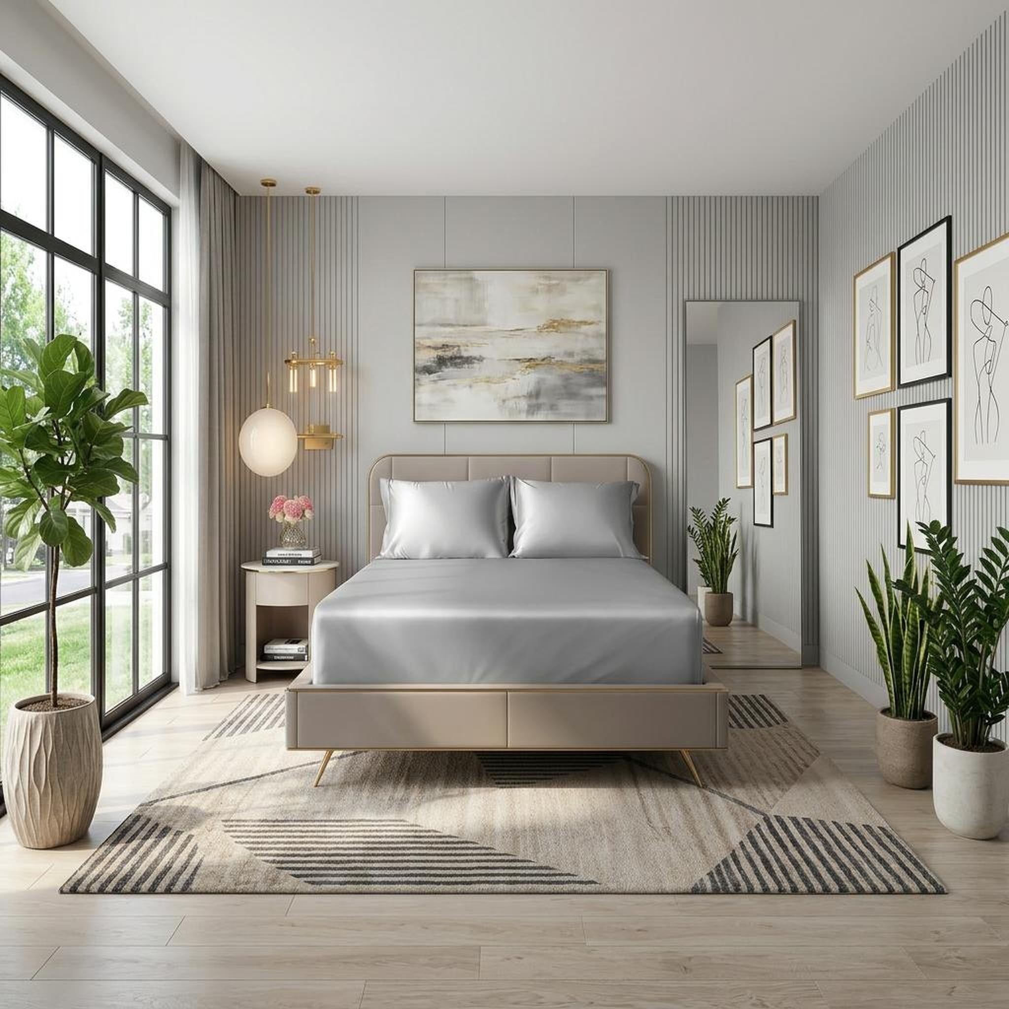 Elegant bedroom with a bed featuring a gray satin fitted sheet set and matching pillowcases.