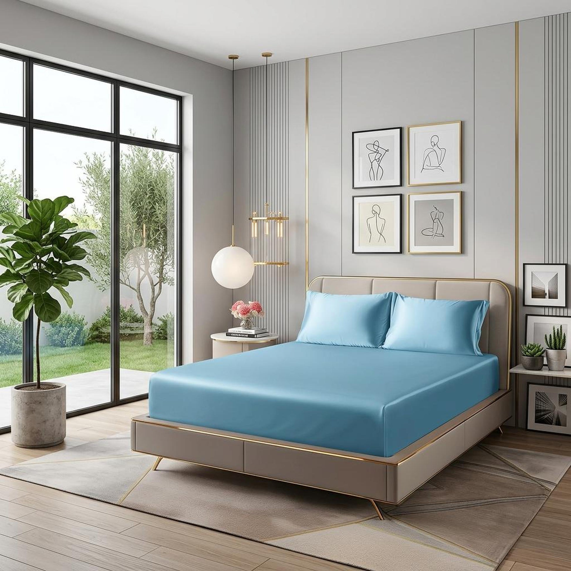 Light blue satin fitted sheet set with deep pockets and matching pillowcases on a modern bed.