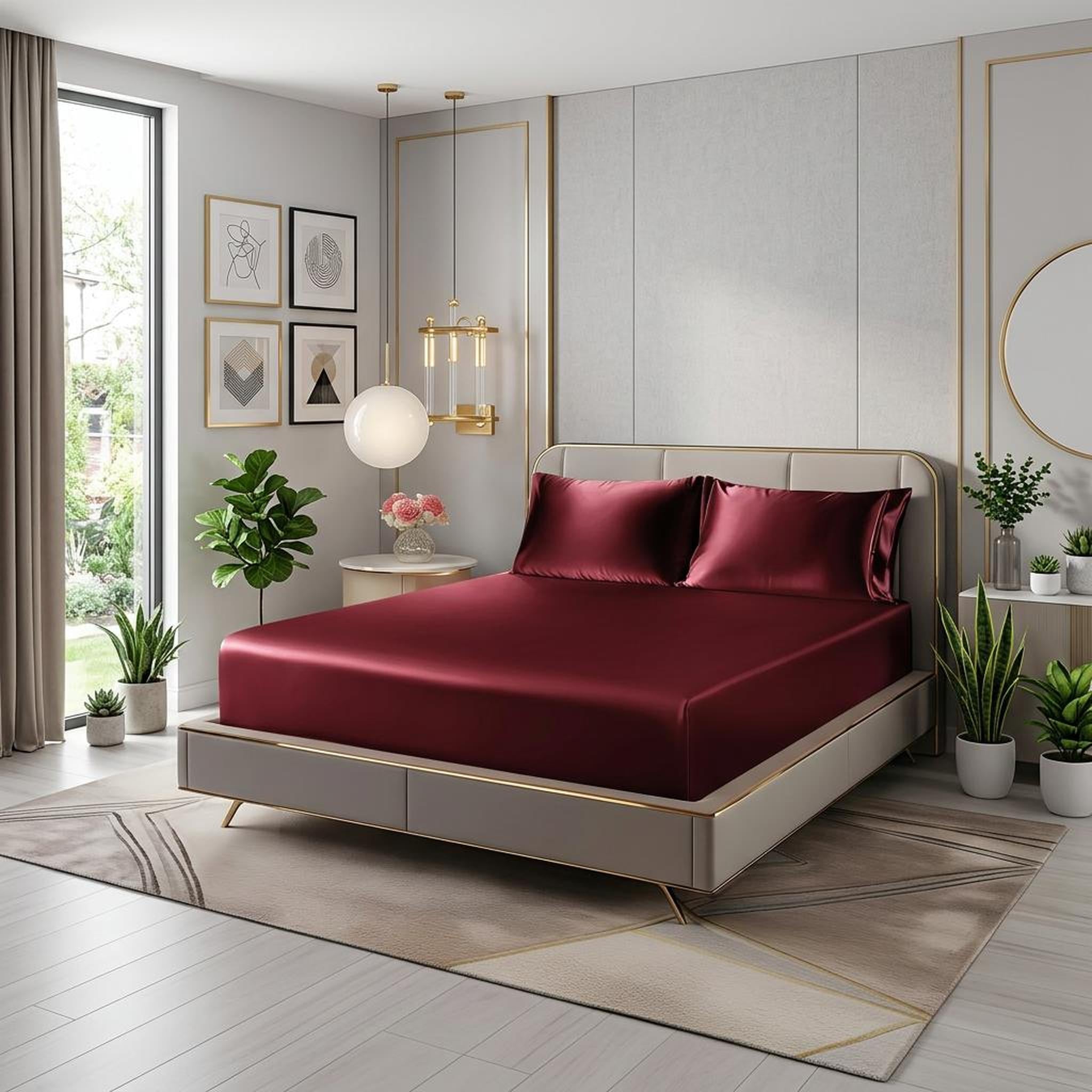 Elegant deep red satin fitted sheet set with matching pillowcases on a modern bed.