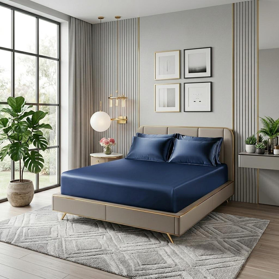 Couple on a bed with a navy blue satin fitted sheet set and matching pillowcases.