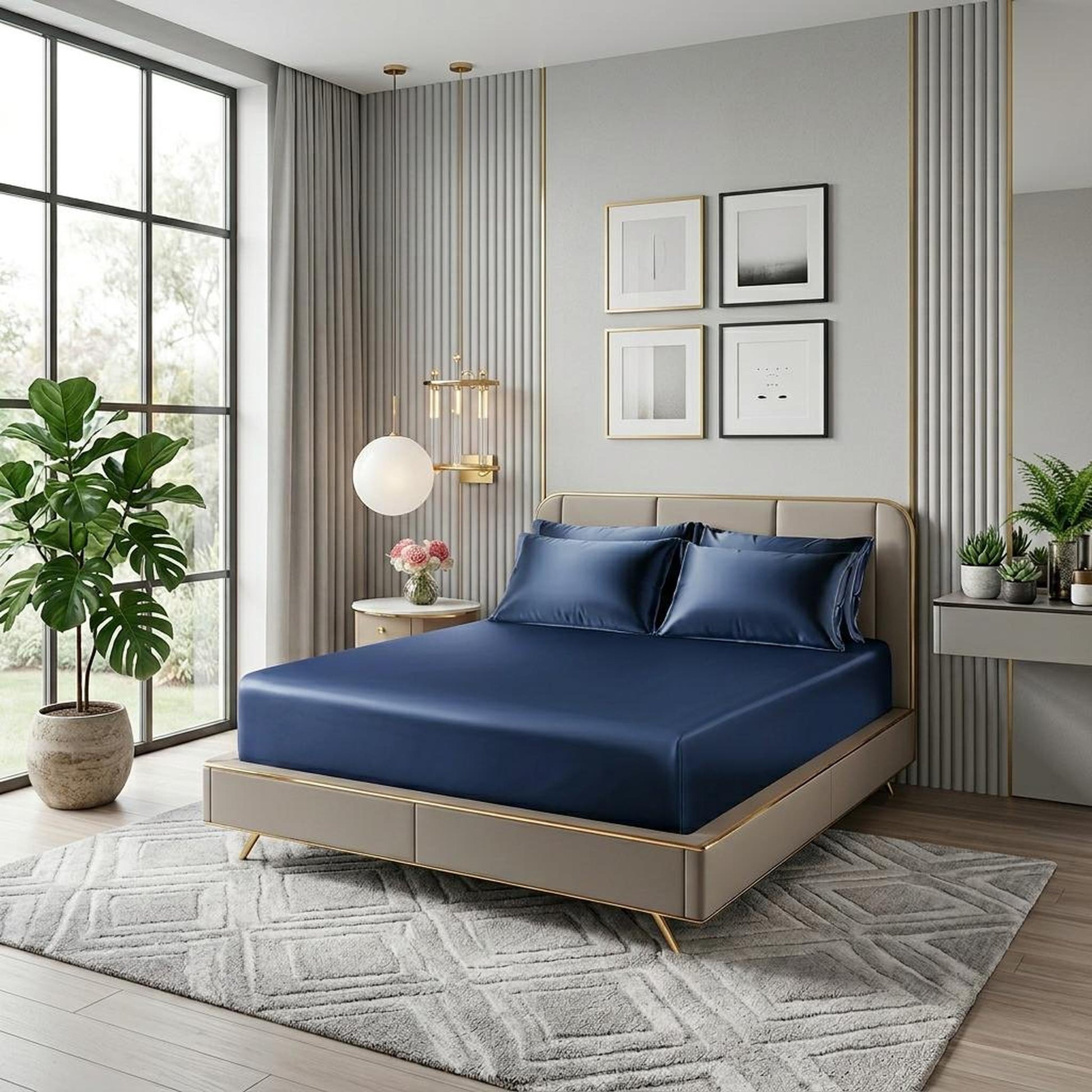 Elegant navy blue satin fitted sheet set on a bed in a modern bedroom.