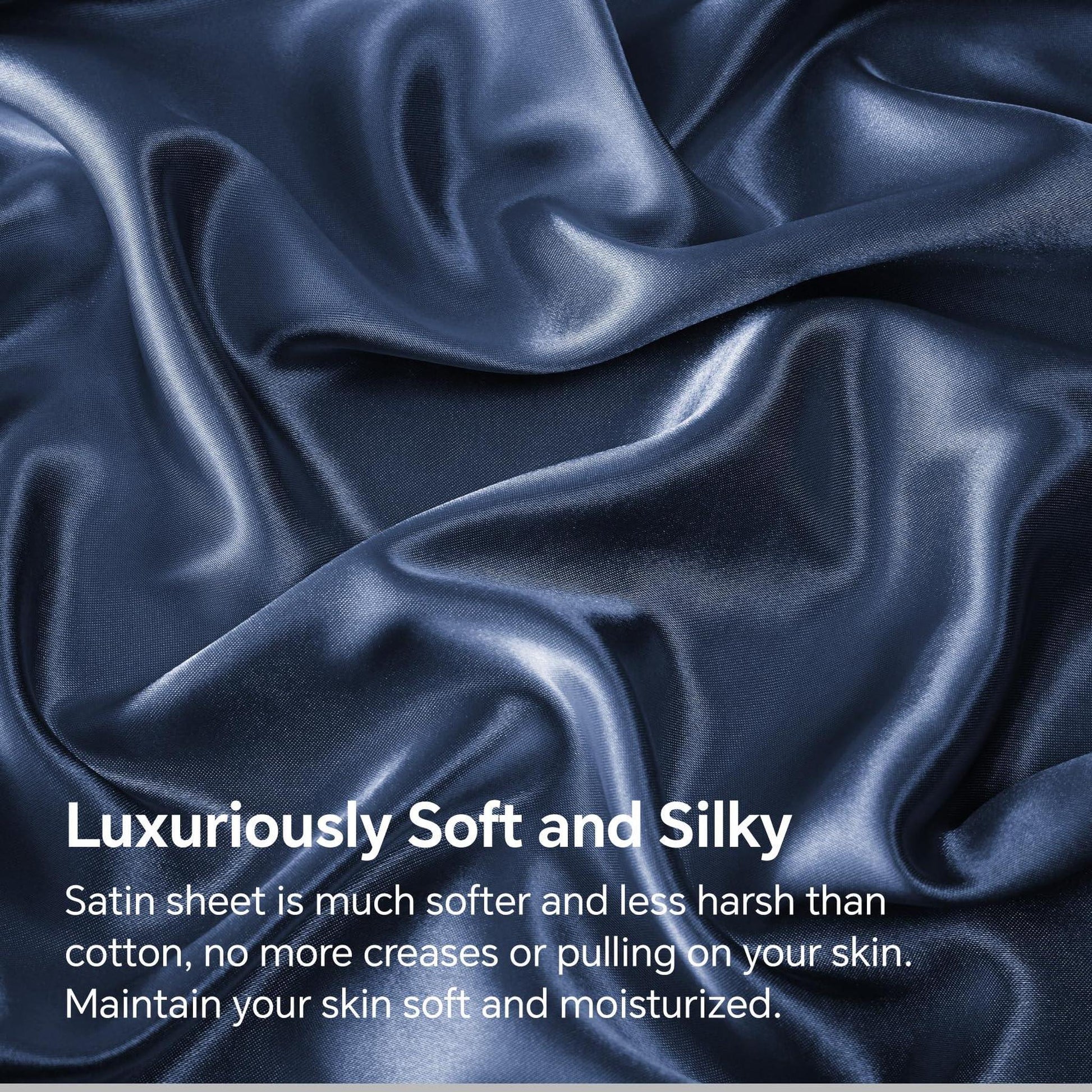 Wrinkled navy blue satin fabric, showcasing its luxurious, soft, and silky texture.