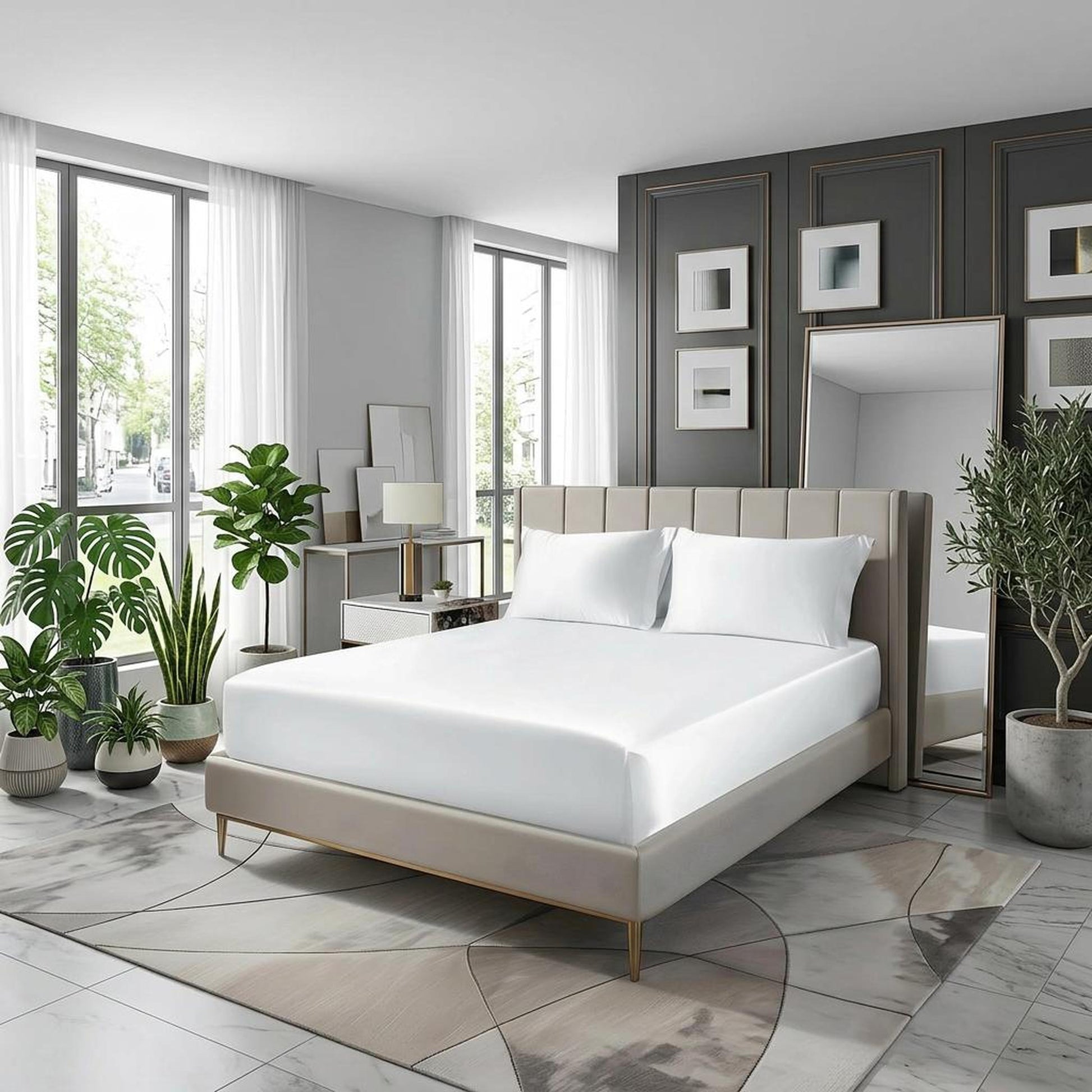 White satin fitted sheet set with deep pockets on a bed in an elegant bedroom.