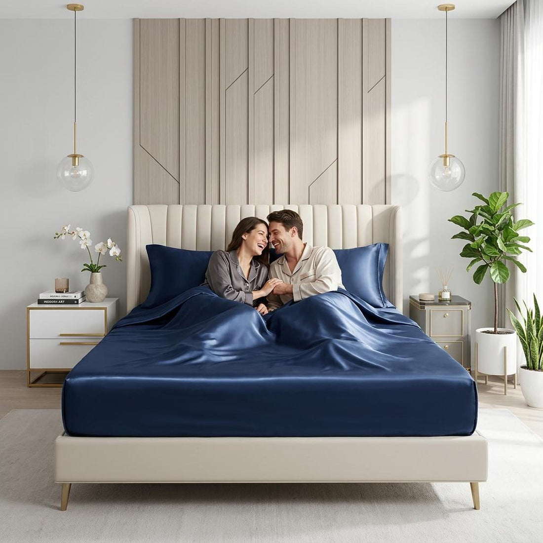 Couple on a bed with a navy blue satin fitted sheet set and matching pillowcases.