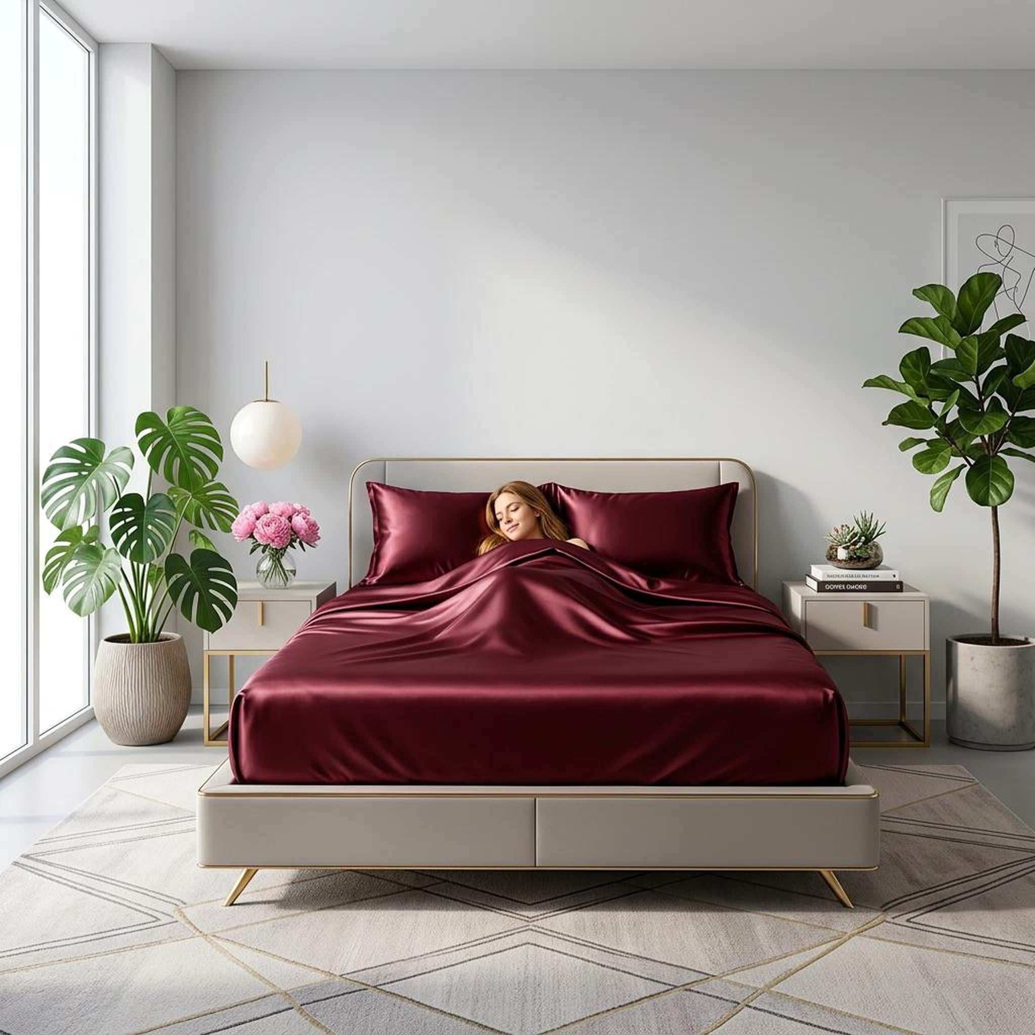 Elegant bedroom with a woman sleeping in a deep red satin fitted sheet set and matching pillowcases.