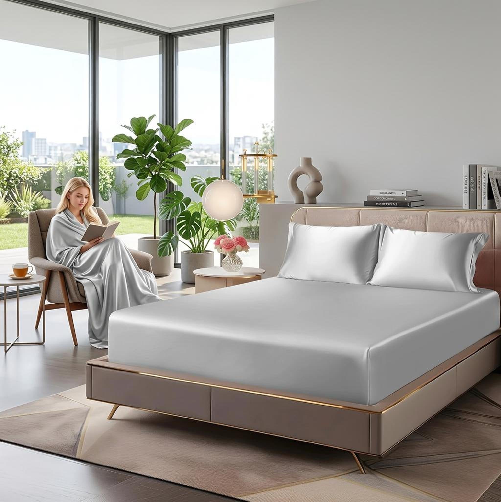 Elegant silver satin fitted sheet set with deep pockets on a bed in a modern bedroom.