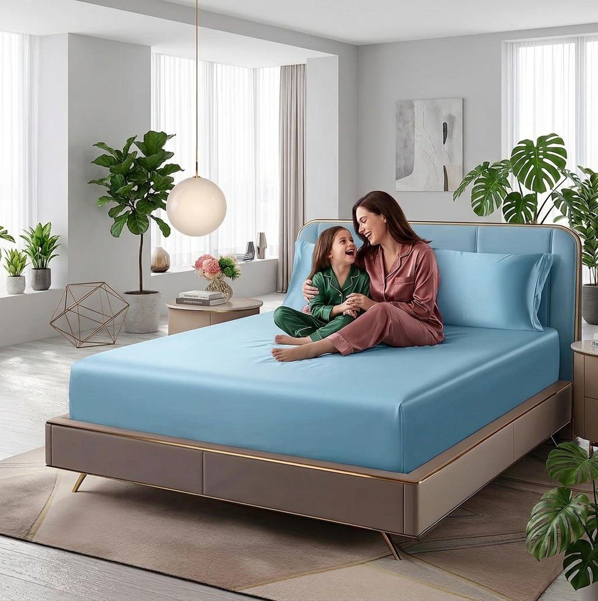 Mother and daughter on a bed with a light blue satin fitted sheet set and matching pillowcases.