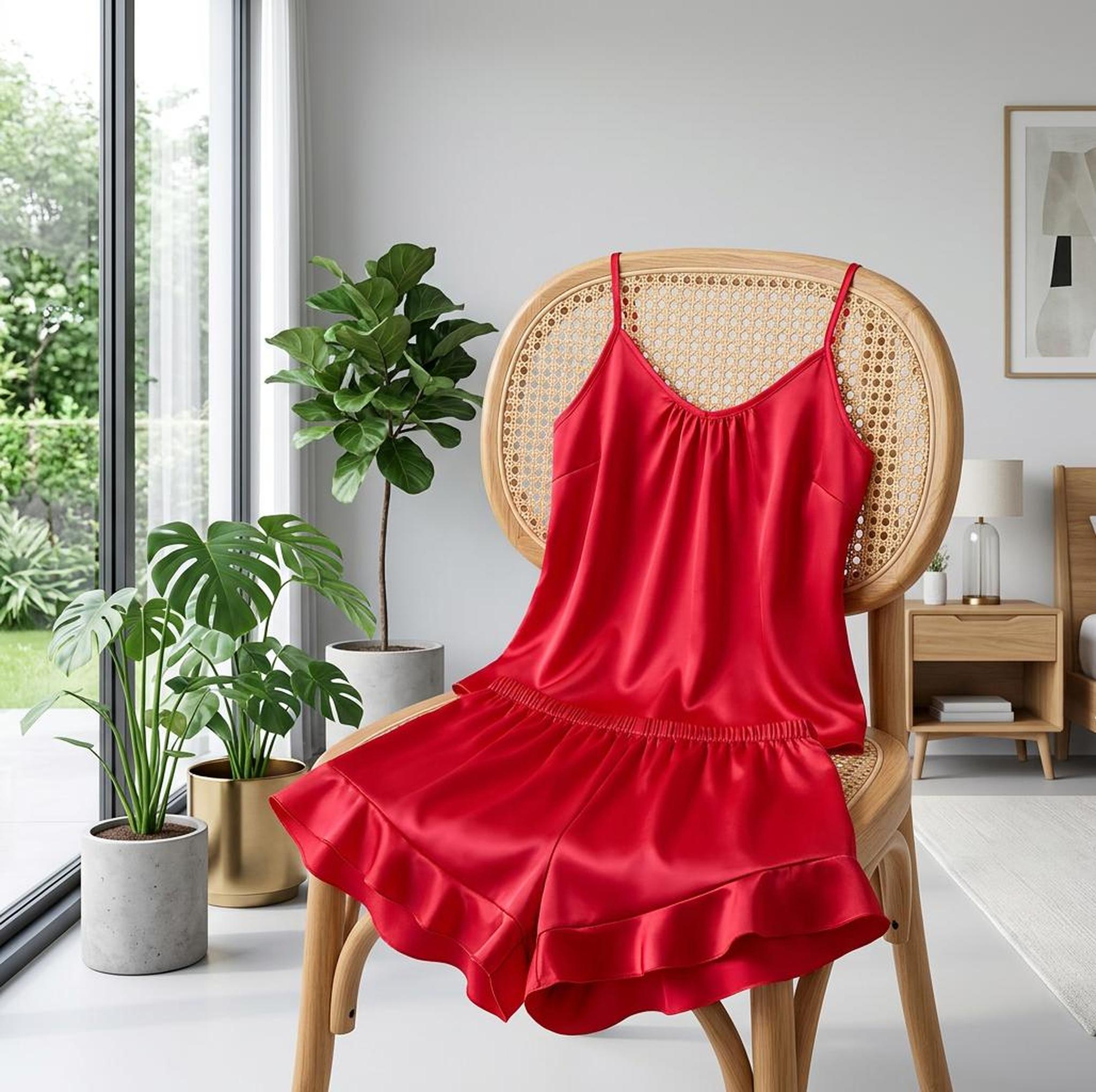 Red satin cami pajama set with ruffled shorts and V-neck top draped on a wooden cane chair.