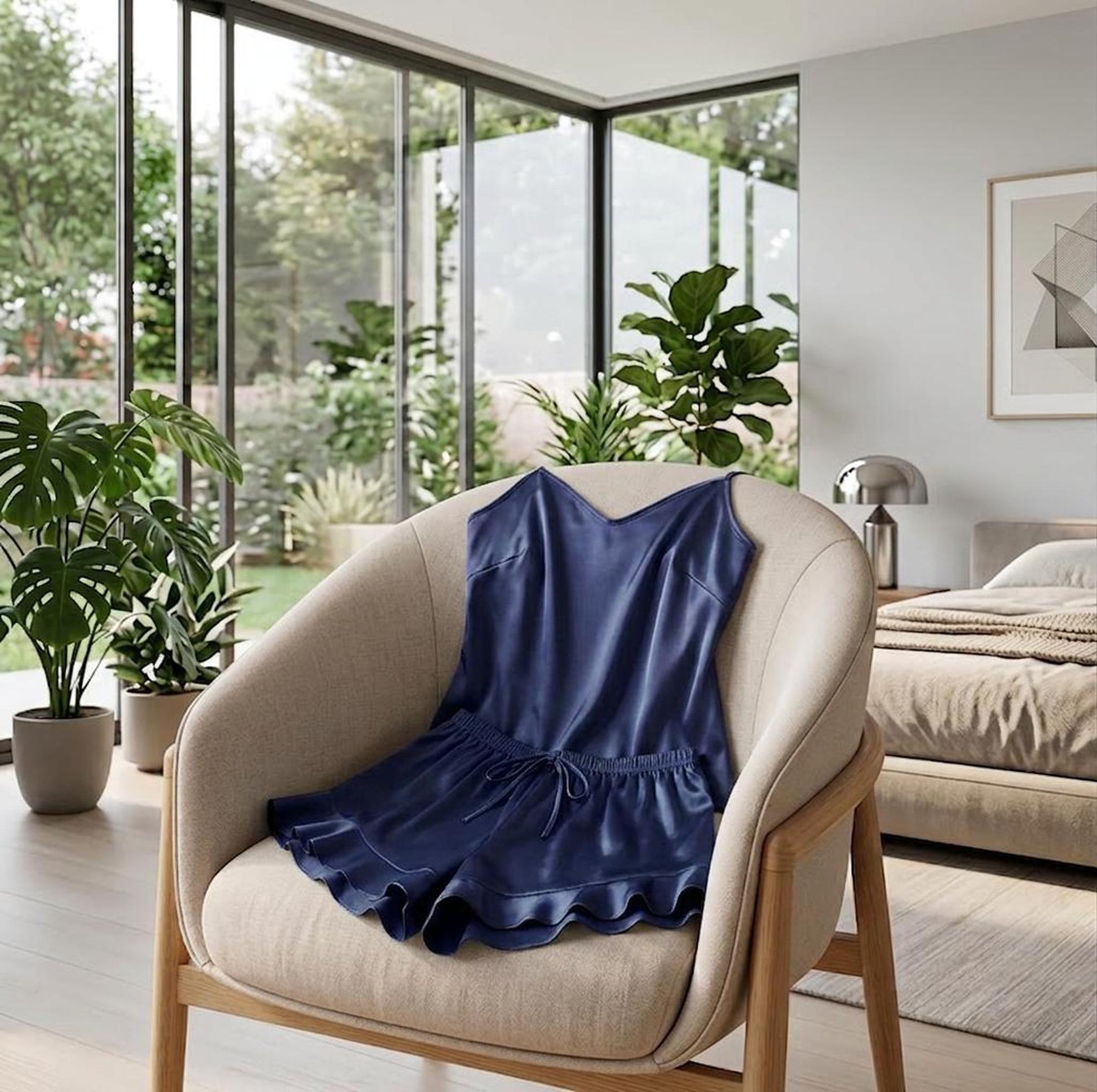 Navy blue satin cami pajama set with ruffled shorts, displayed on a modern armchair in a bright bedroom.