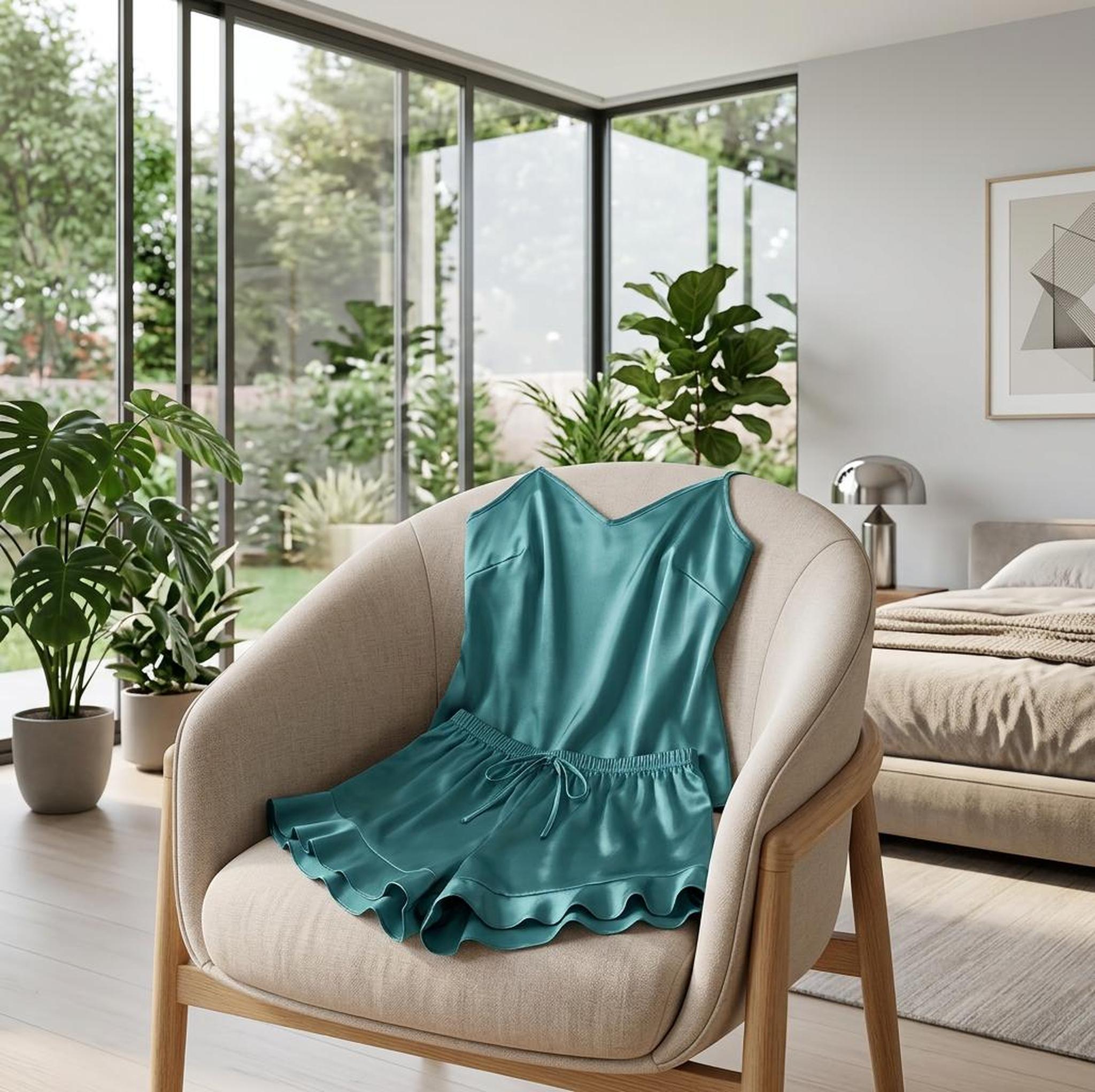 Teal satin pajama set with a V-neck cami and ruffled shorts resting on a modern armchair in a bright bedroom.