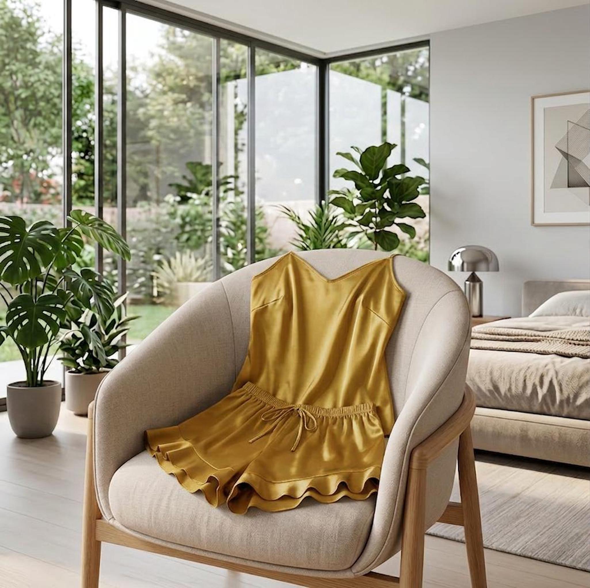 Mustard yellow satin pajama set with a V-neck cami and ruffled shorts resting on a modern armchair.
