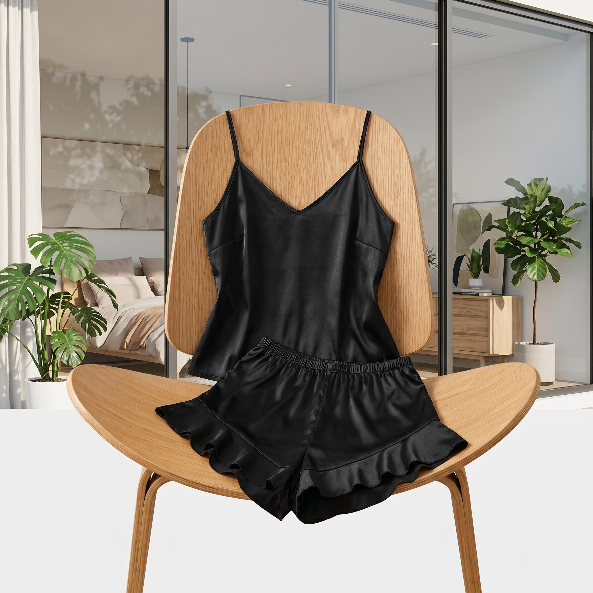 Satin Ruffled Cami Pajama Set for Women