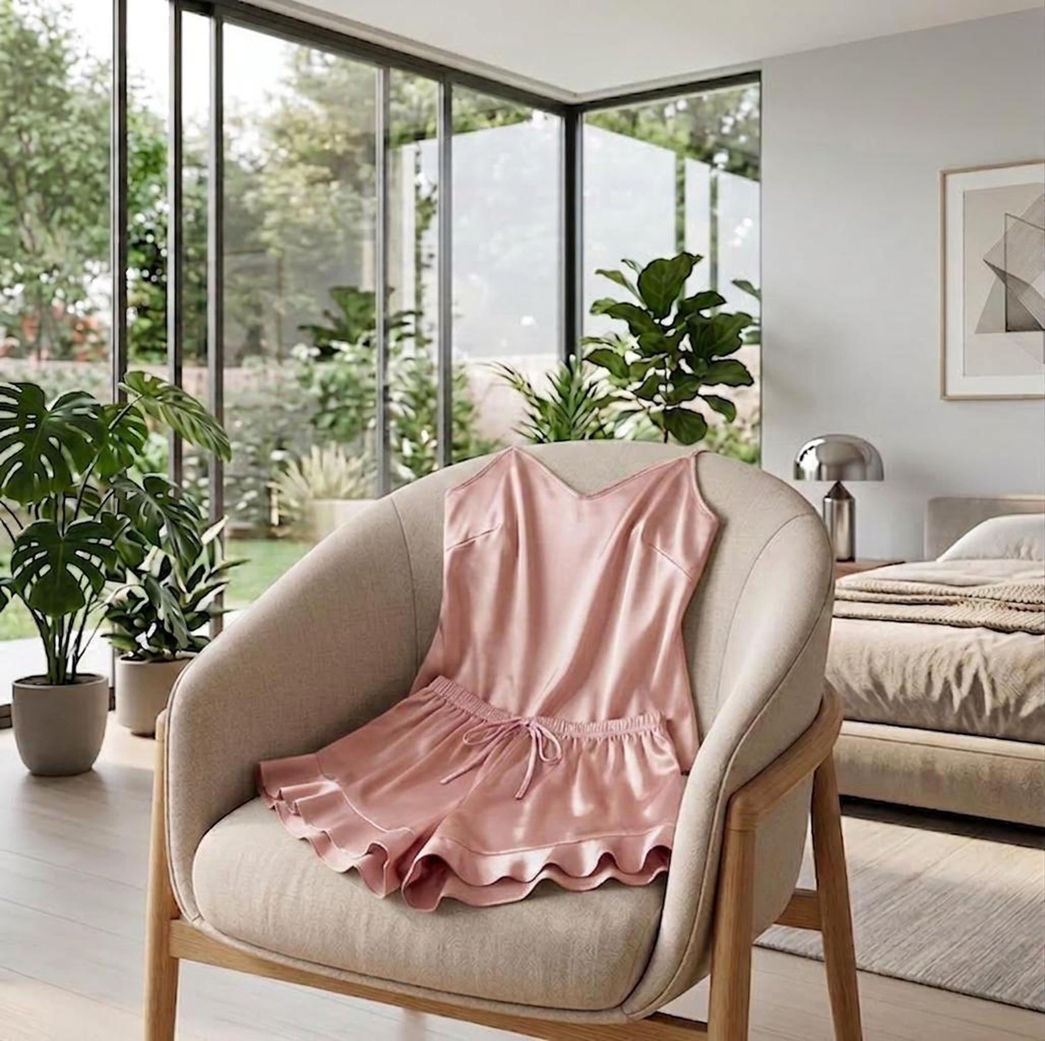 Pink satin cami pajama set with ruffled shorts and a V-neck top displayed on a modern armchair.