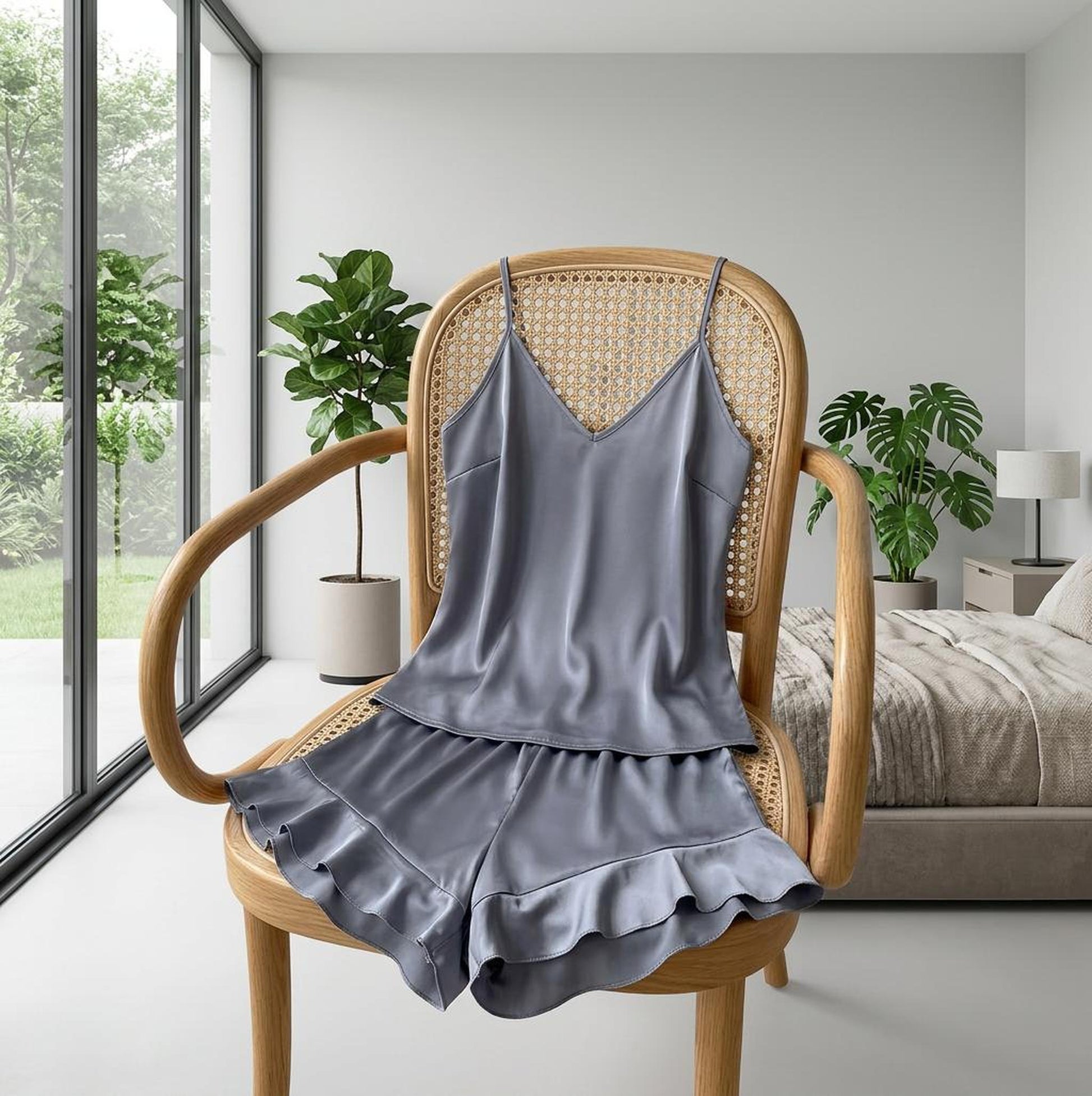 Grey satin pajama set with a V-neck cami and ruffled shorts draped over a wooden chair in a modern bedroom.
