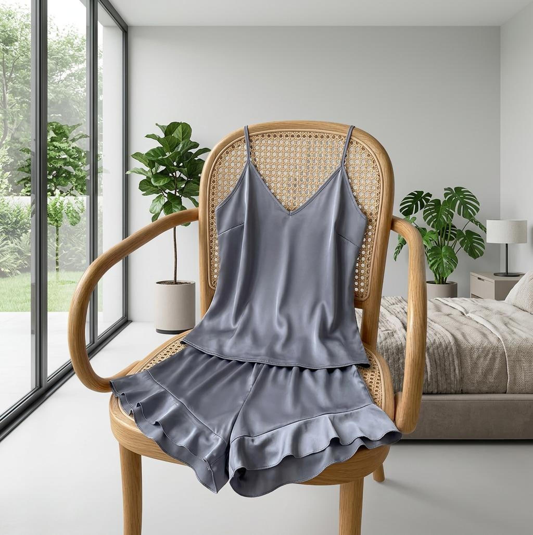 Grey satin pajama set with a V-neck cami and ruffled shorts draped over a wooden chair in a modern bedroom.