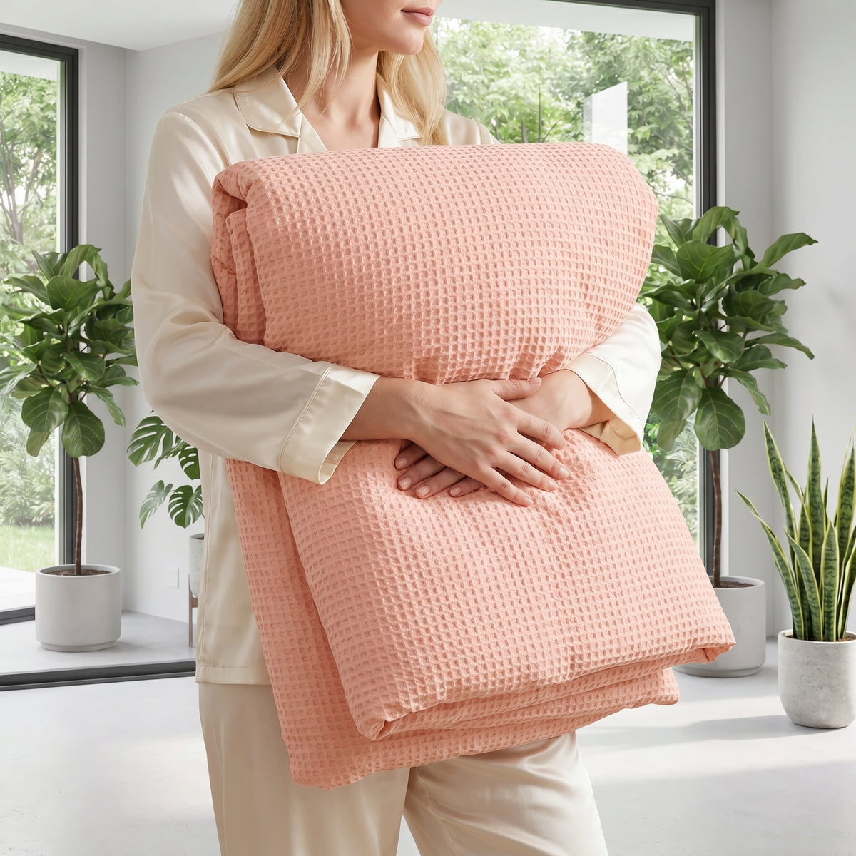 Woman holding a soft pink waffle-weave cotton duvet cover with a textured, breathable design.