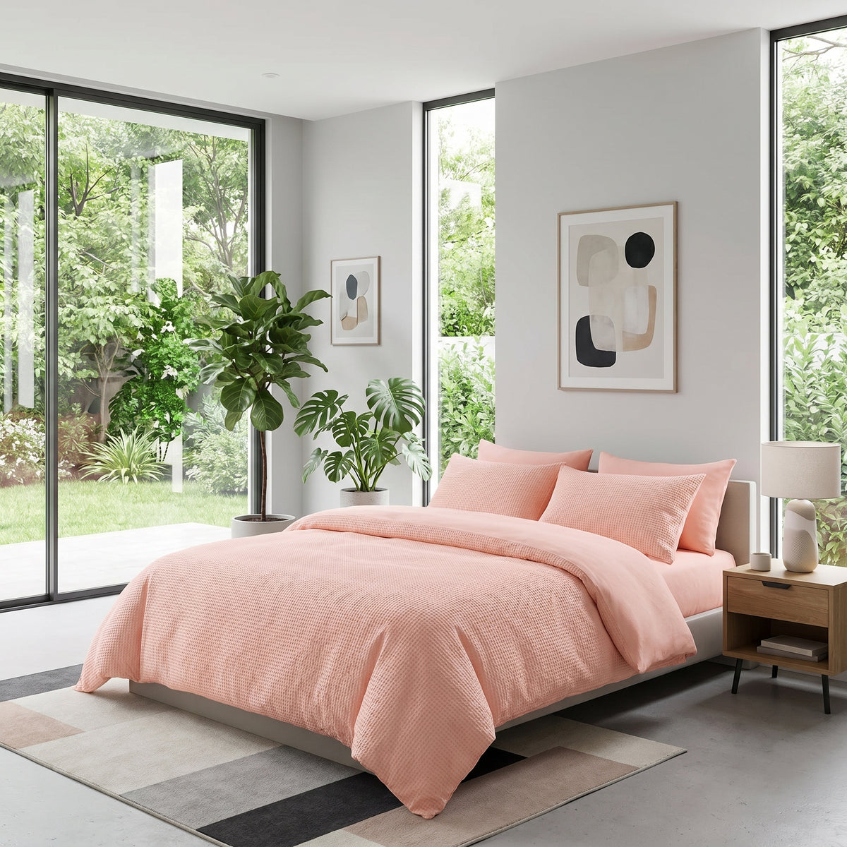 Peach-colored waffle-knit cotton duvet cover set on a bed in a modern, sunlit bedroom with large windows and greenery.