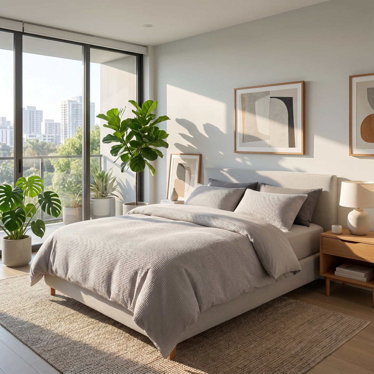 Light grey waffle-knit cotton duvet cover set on a modern bed in a sunlit bedroom with contemporary decor.