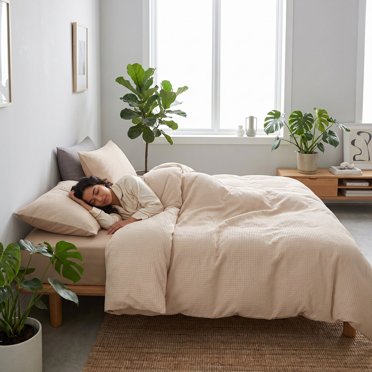 Woman sleeping in a bed with a beige waffle-textured cotton duvet cover set in a bright, plant-filled bedroom.