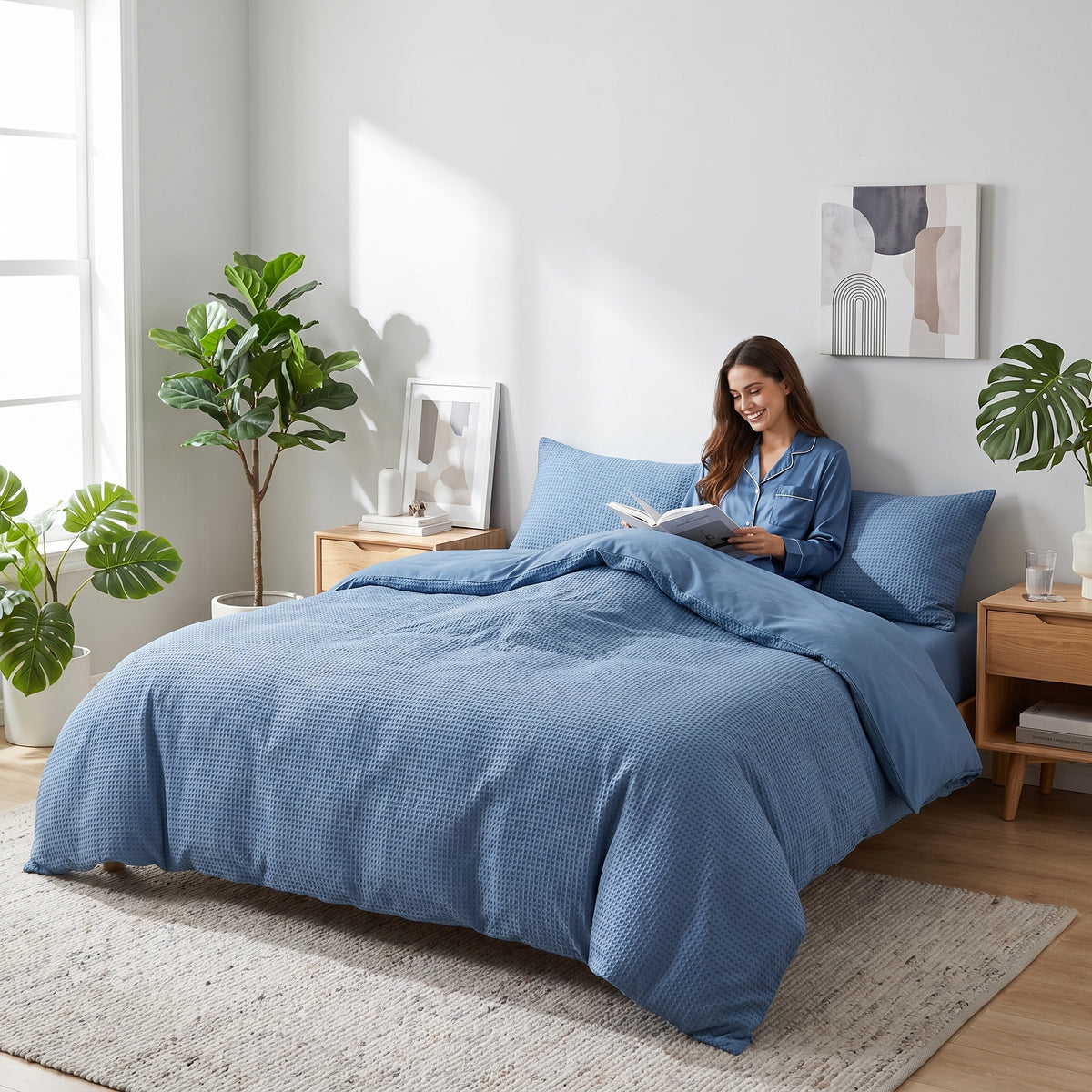 Woman reading in bed with a blue waffle-textured cotton duvet cover set in a bright, modern bedroom.