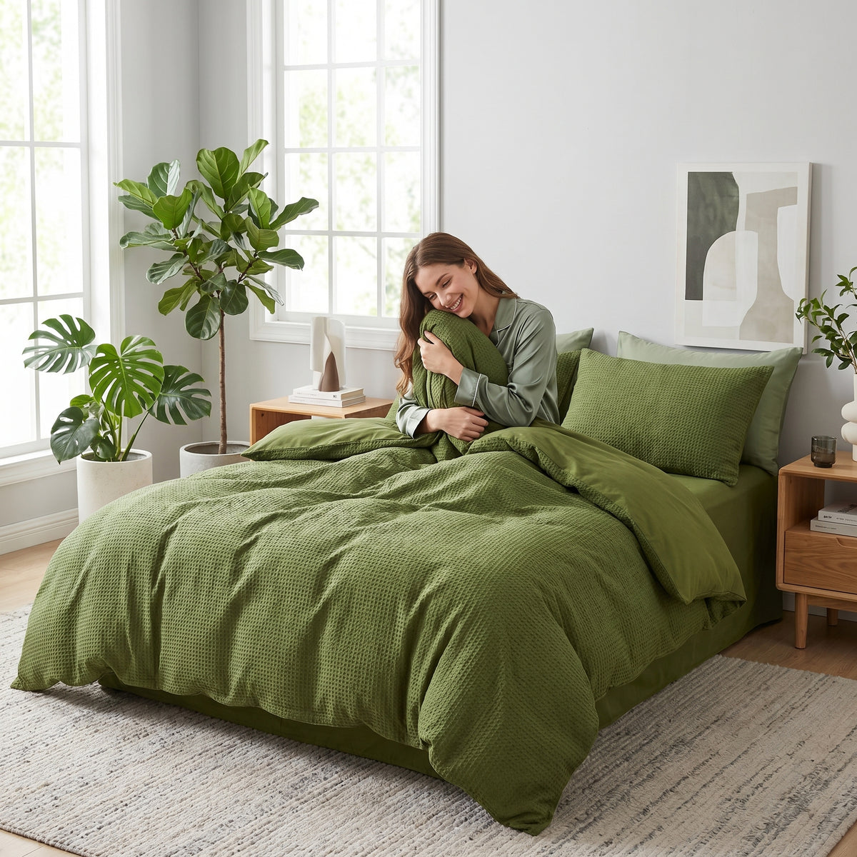 Olive green waffle-knit cotton duvet cover set on a bed with matching pillows in a bright, modern bedroom.