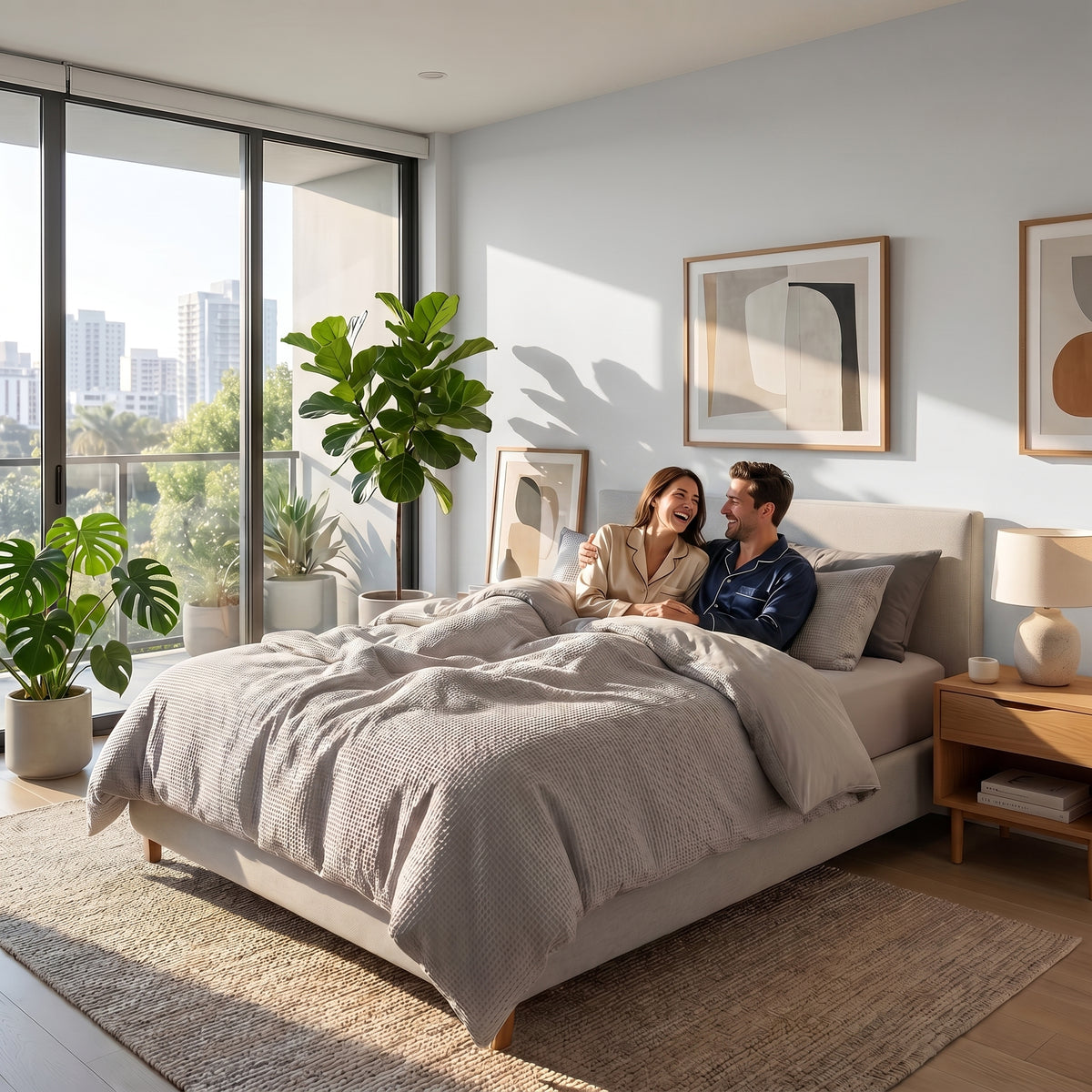 Couple relaxing in bed with a grey waffle-textured cotton duvet cover in a bright, modern bedroom.