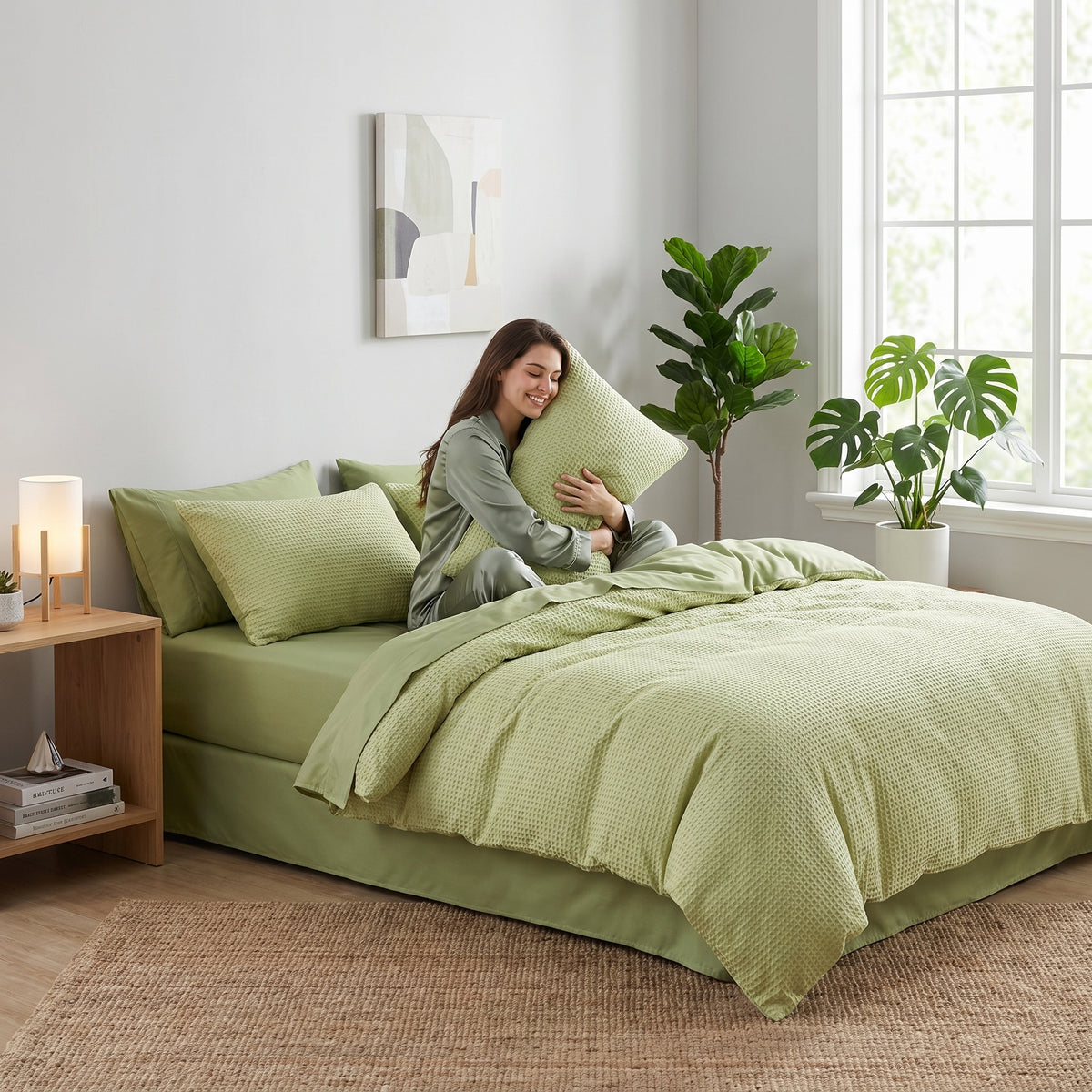 Sage green waffle-knit cotton duvet cover set on a bed with a woman hugging a matching textured pillow.
