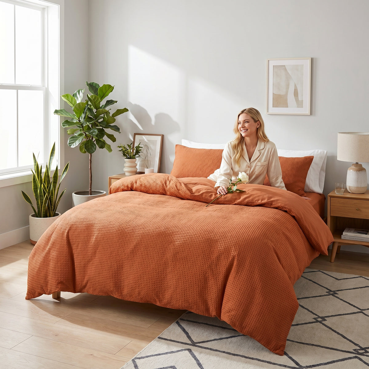 Woman sitting on a bed with a rust-orange waffle-textured cotton duvet cover set in a bright, modern bedroom.