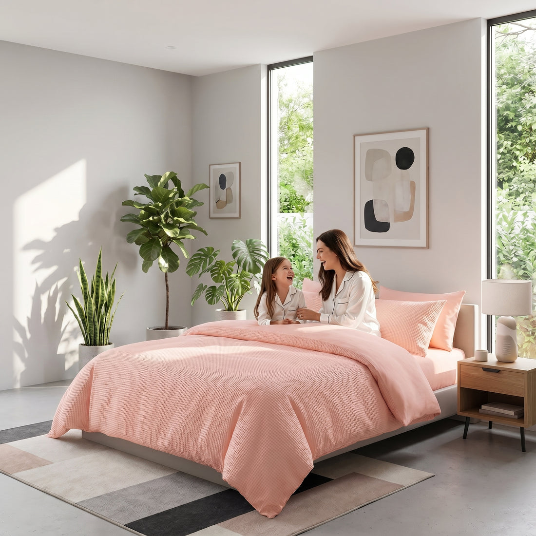 Soft pink waffle-weave cotton duvet cover set on a bed in a bright, modern bedroom with plants.