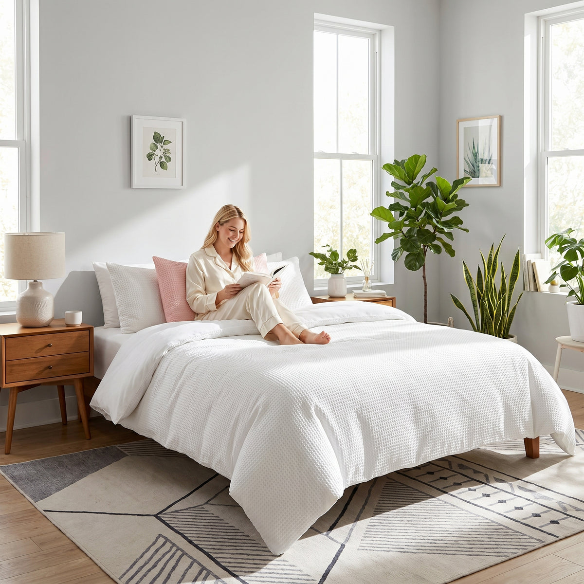 Woman reading on a bed with a white waffle-textured cotton duvet cover set in a bright, modern bedroom.